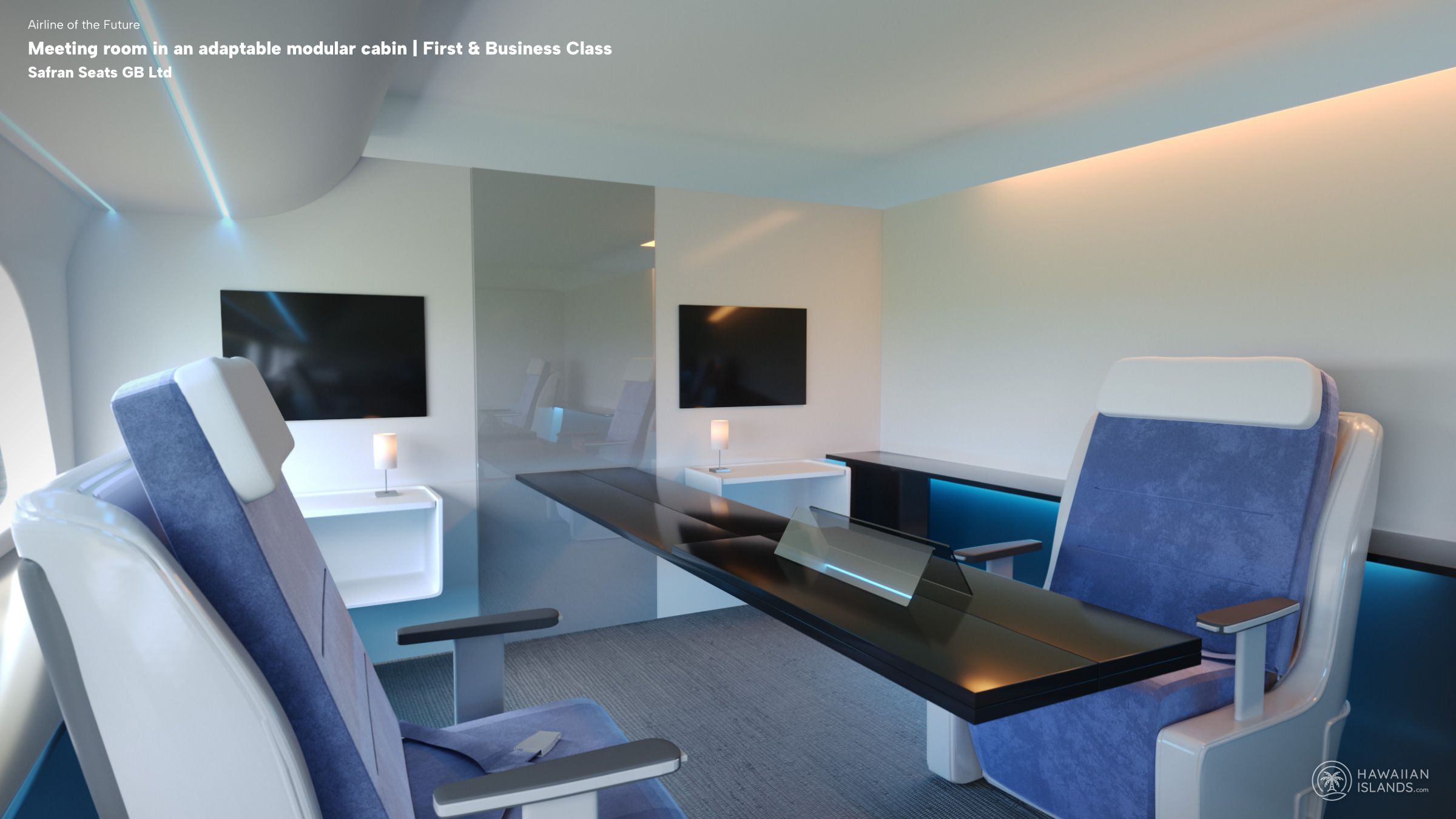 A render of a meeting room on an aircraft, made from movable walls, tables, and business class seats.