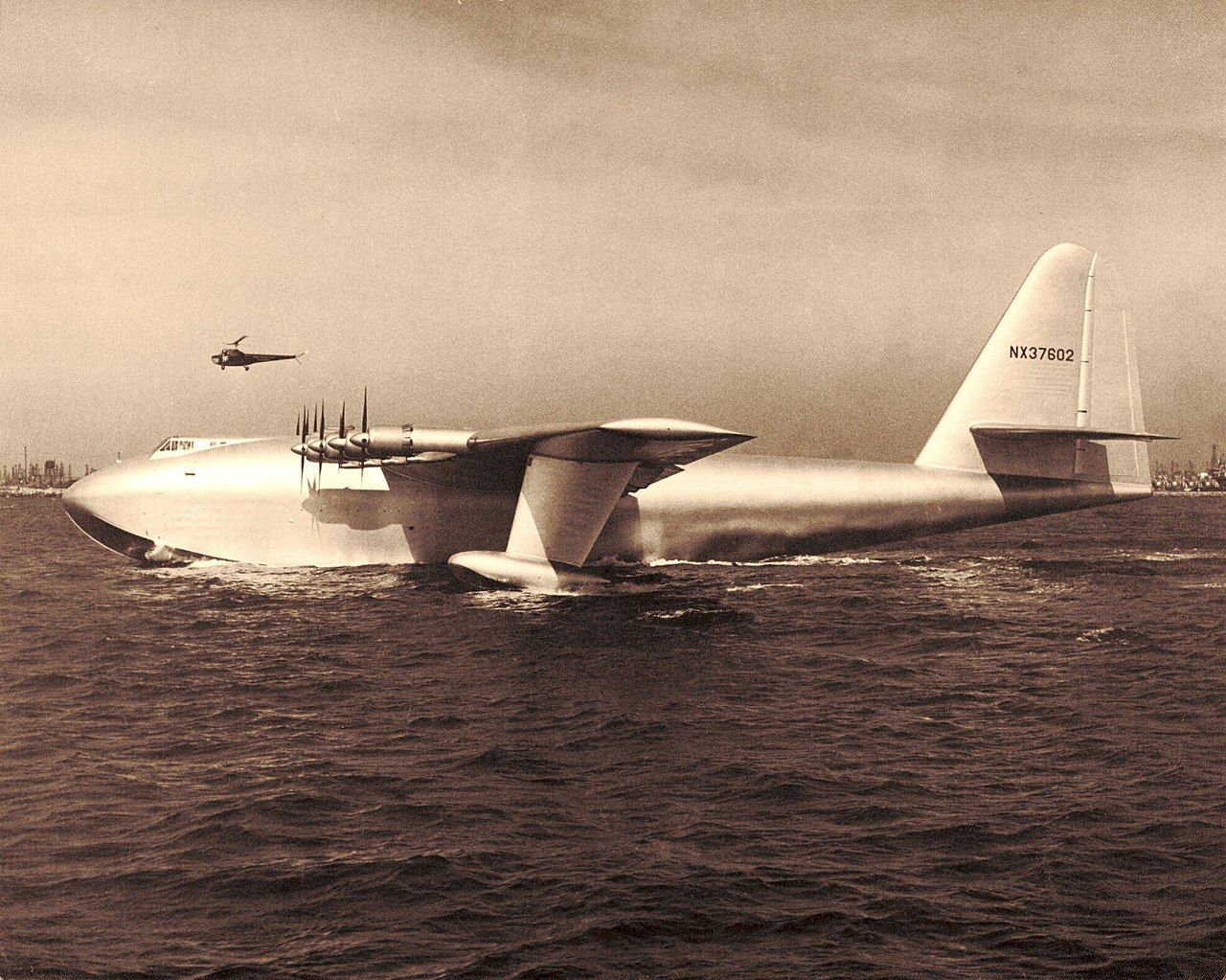 The Hughes H-4 Hercules Spruce Goose floating in water.