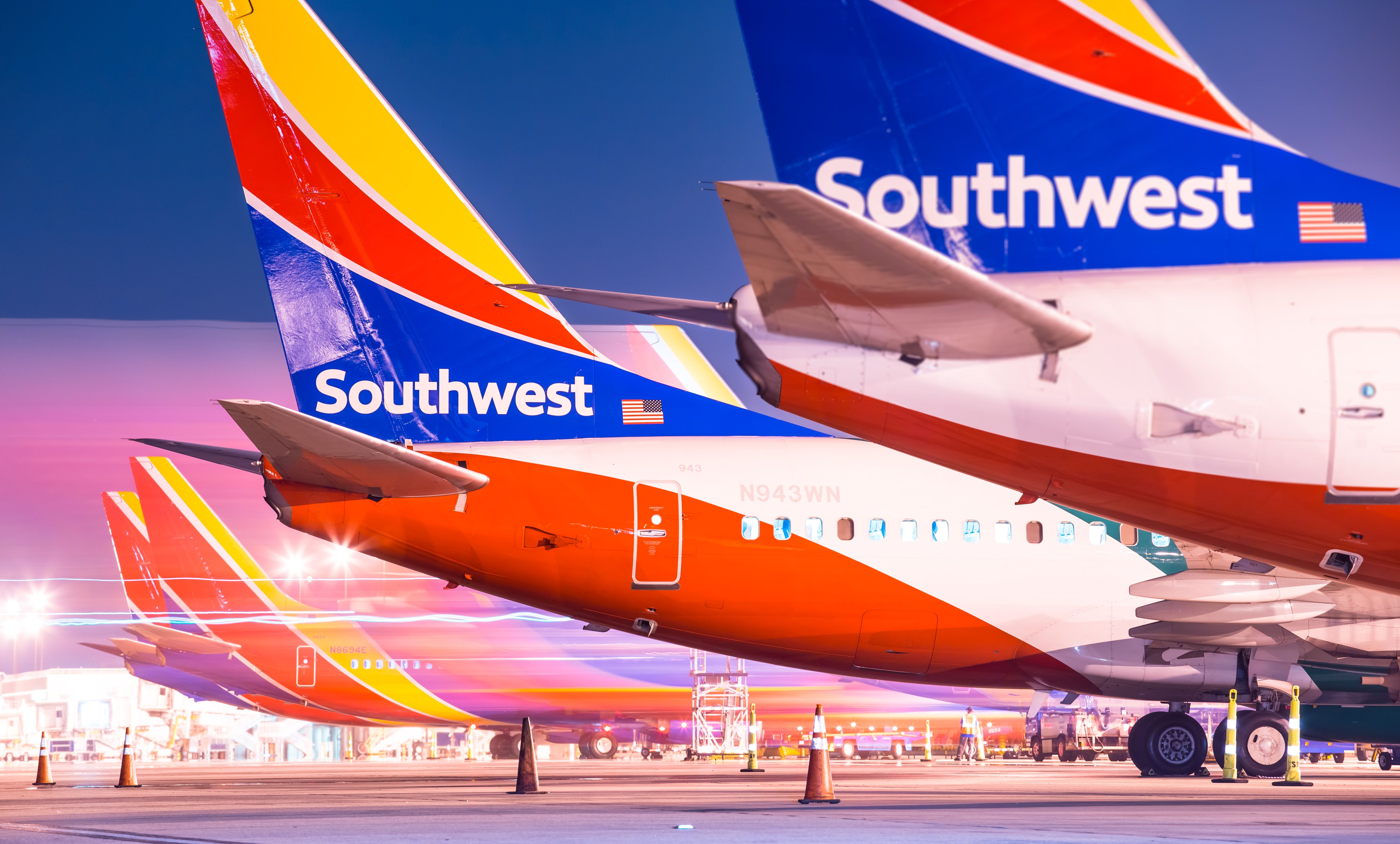 Southwest Airlines 737 tails in Ontario International Airport twilight