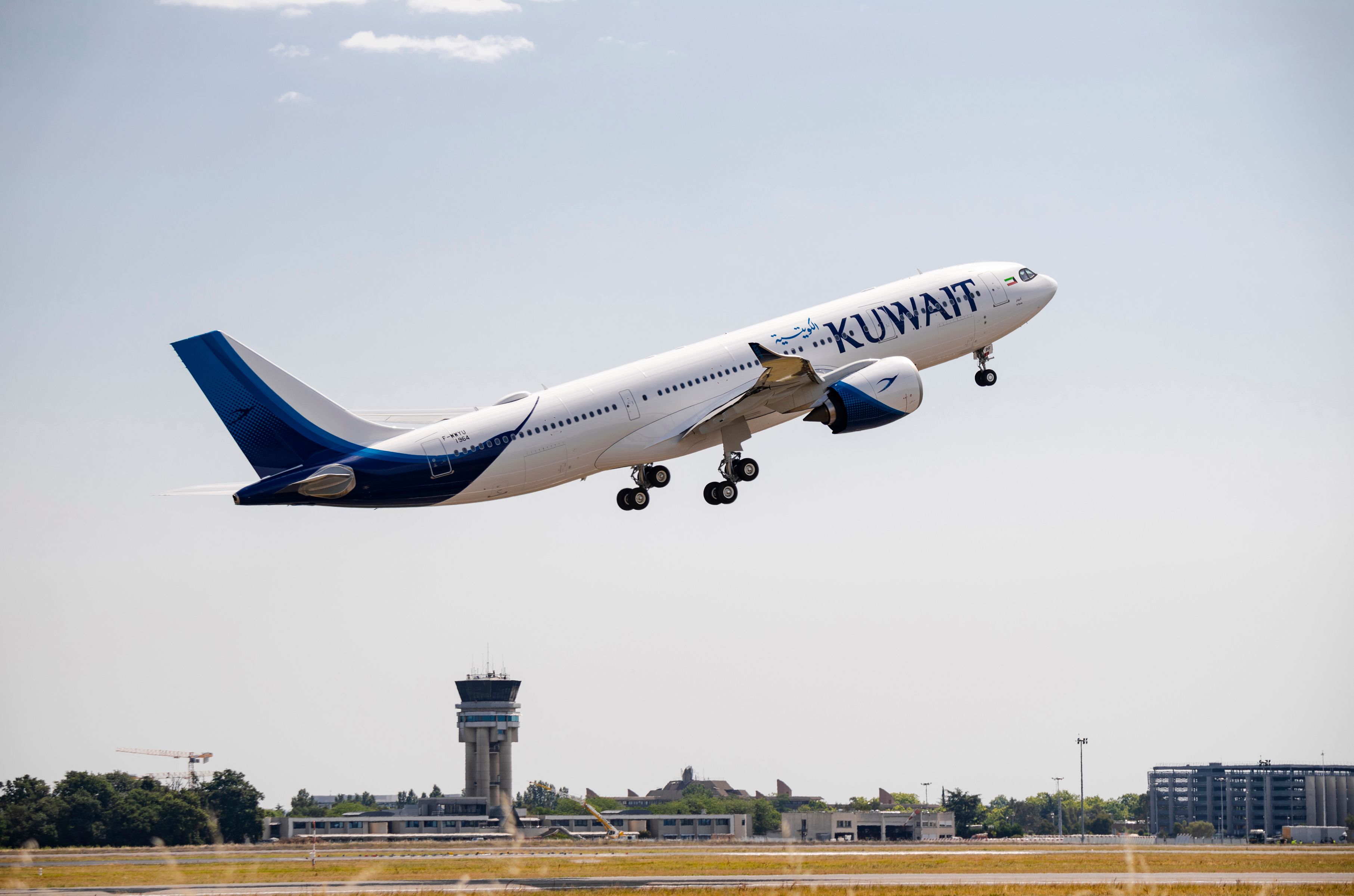 A Kuwait Airways A330neo aircraft taking off.