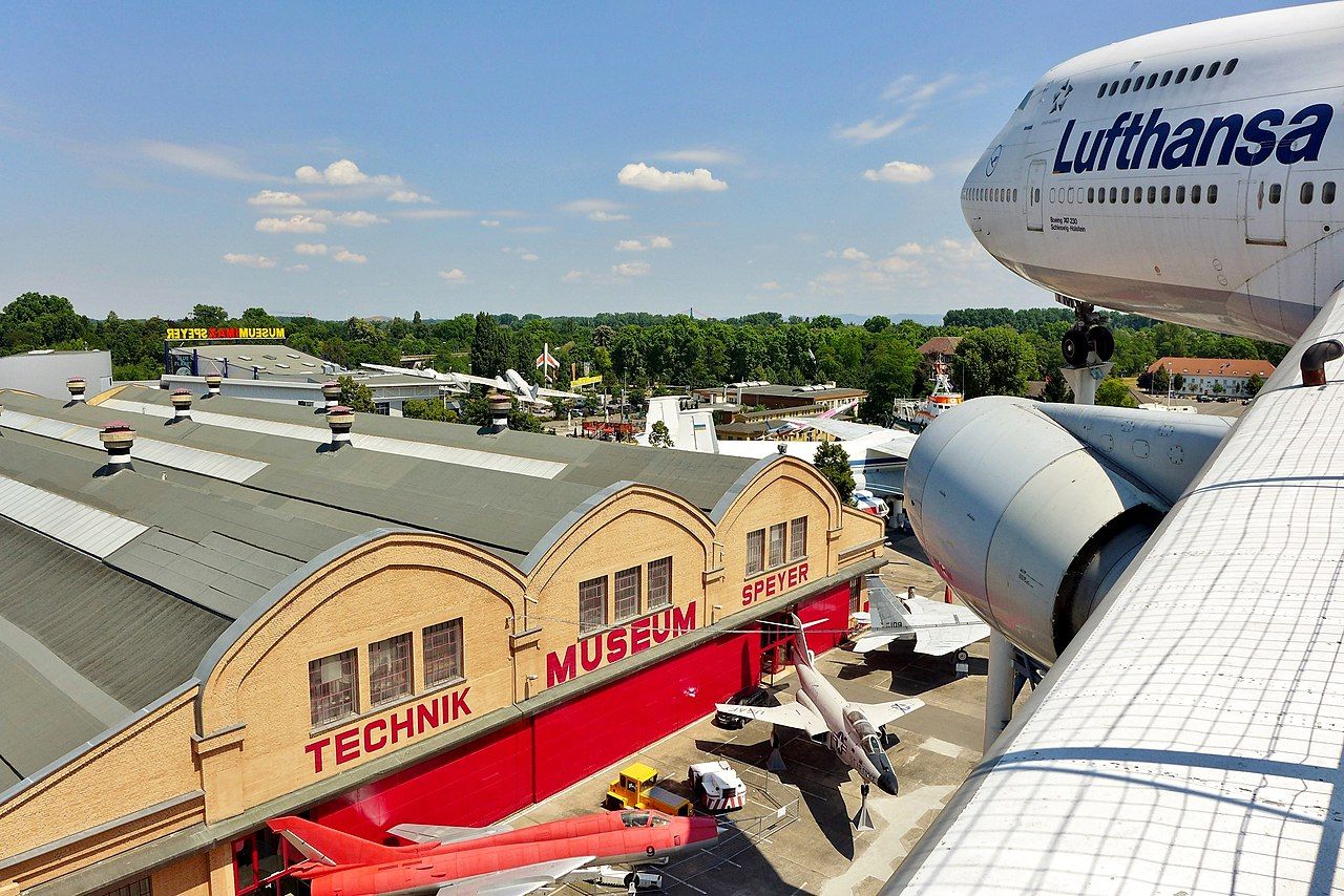 View from outside the Technik Museum Speyer with a Lufthansa 747 on display.