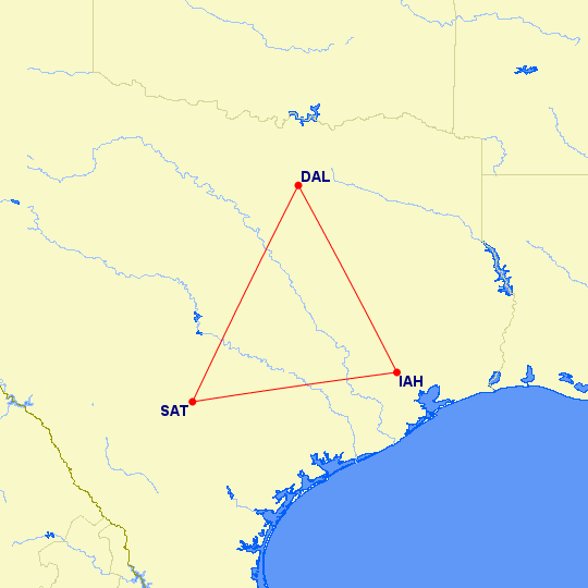 Southwest Airlines triangle route in Texas.