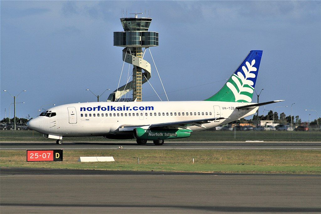 An OzJet Boeing 737 painted in Norfolk Air livery at Sydney Airport.