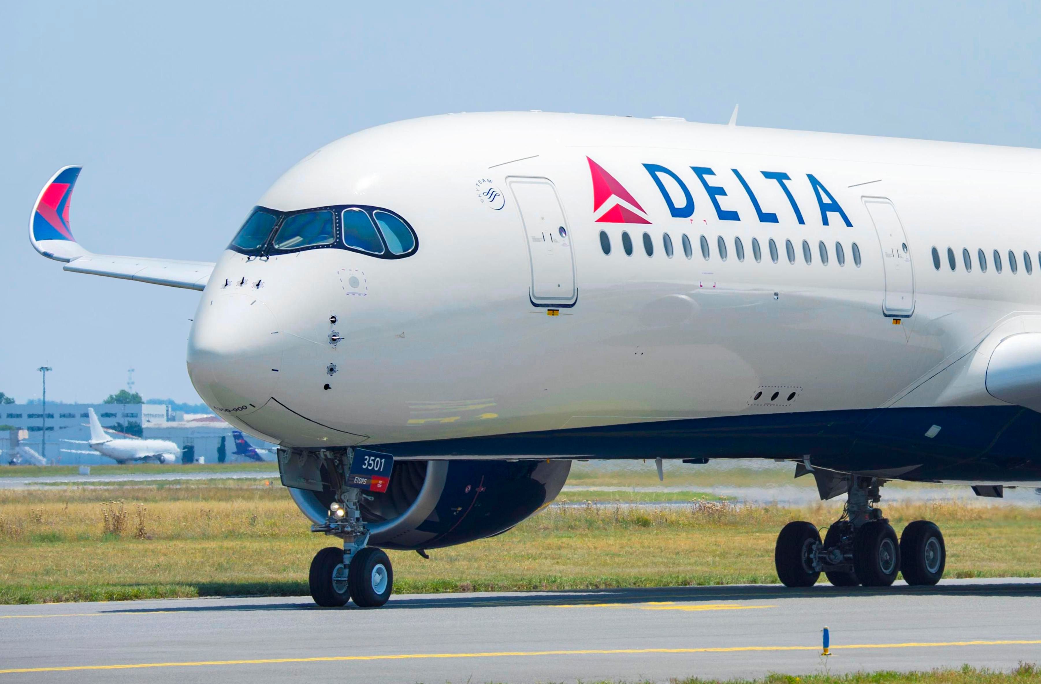 A Delta Air Lines Airbus A350 taxiing to the runway.