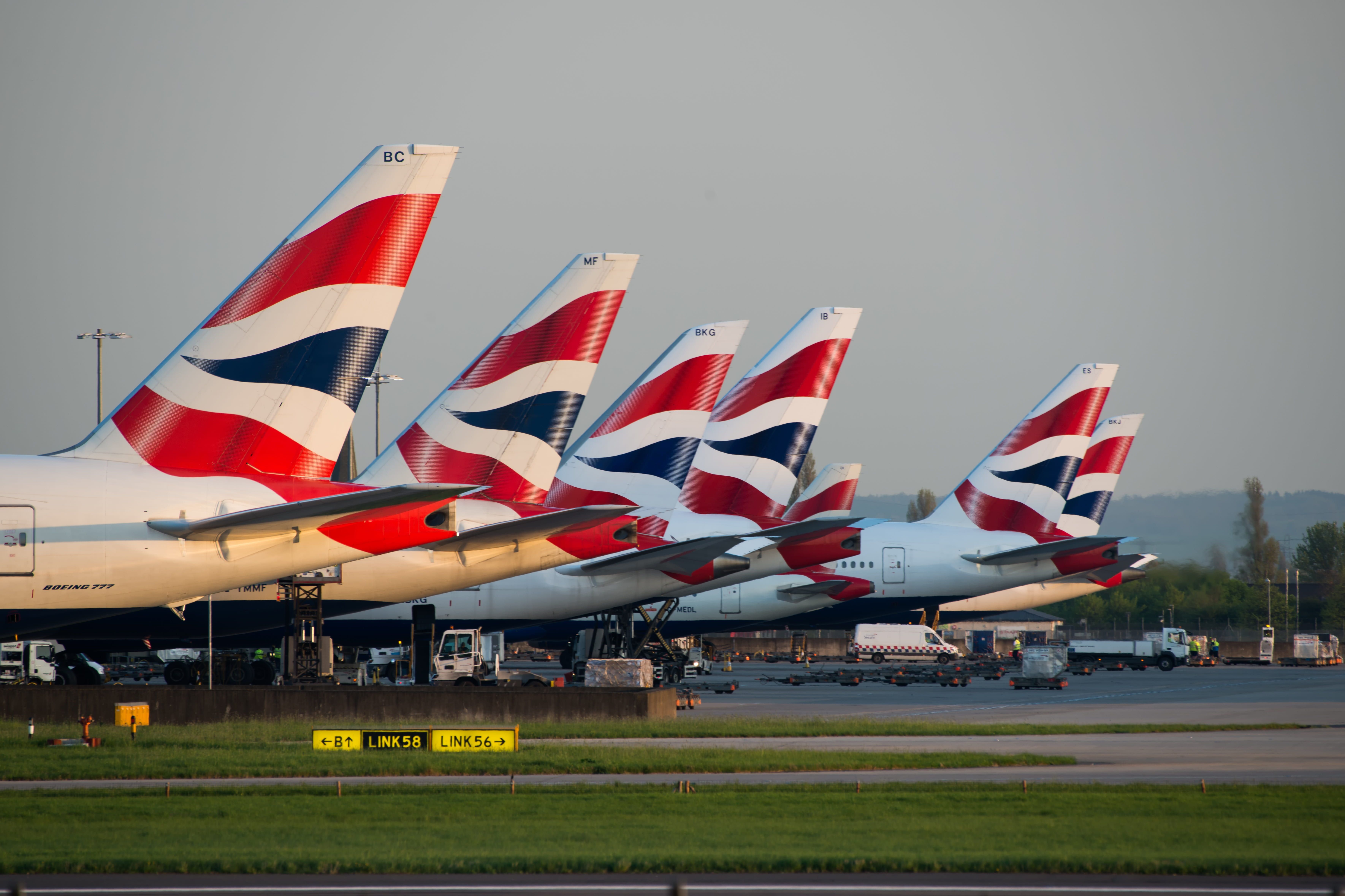 Many British Airways aircraft lined up.