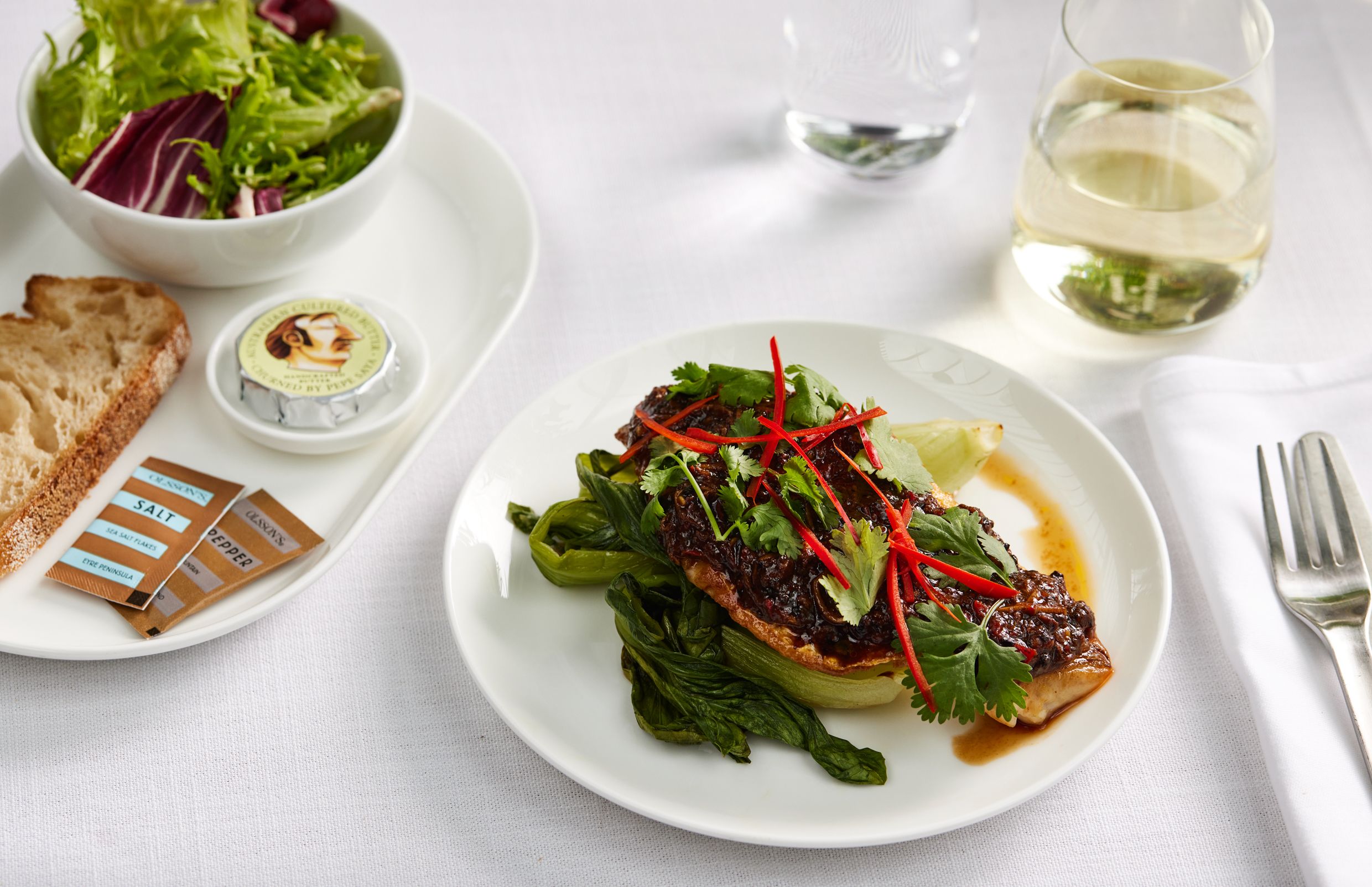 Qantas Seared Snapper with black bean sauce, seasonal greens and salted chilli (International Business)