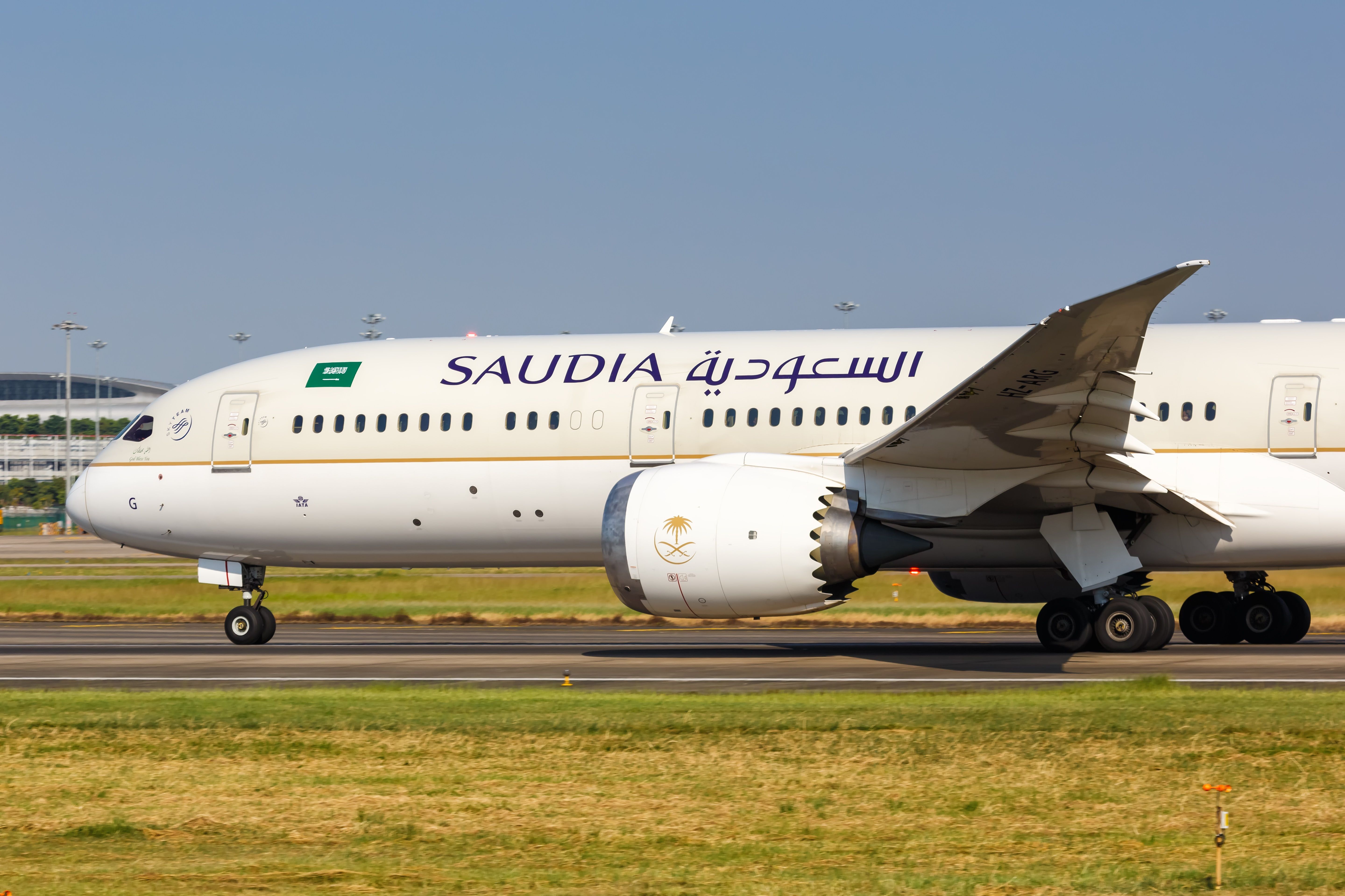 A Saudia Boeing 787-9 on the taxiway.