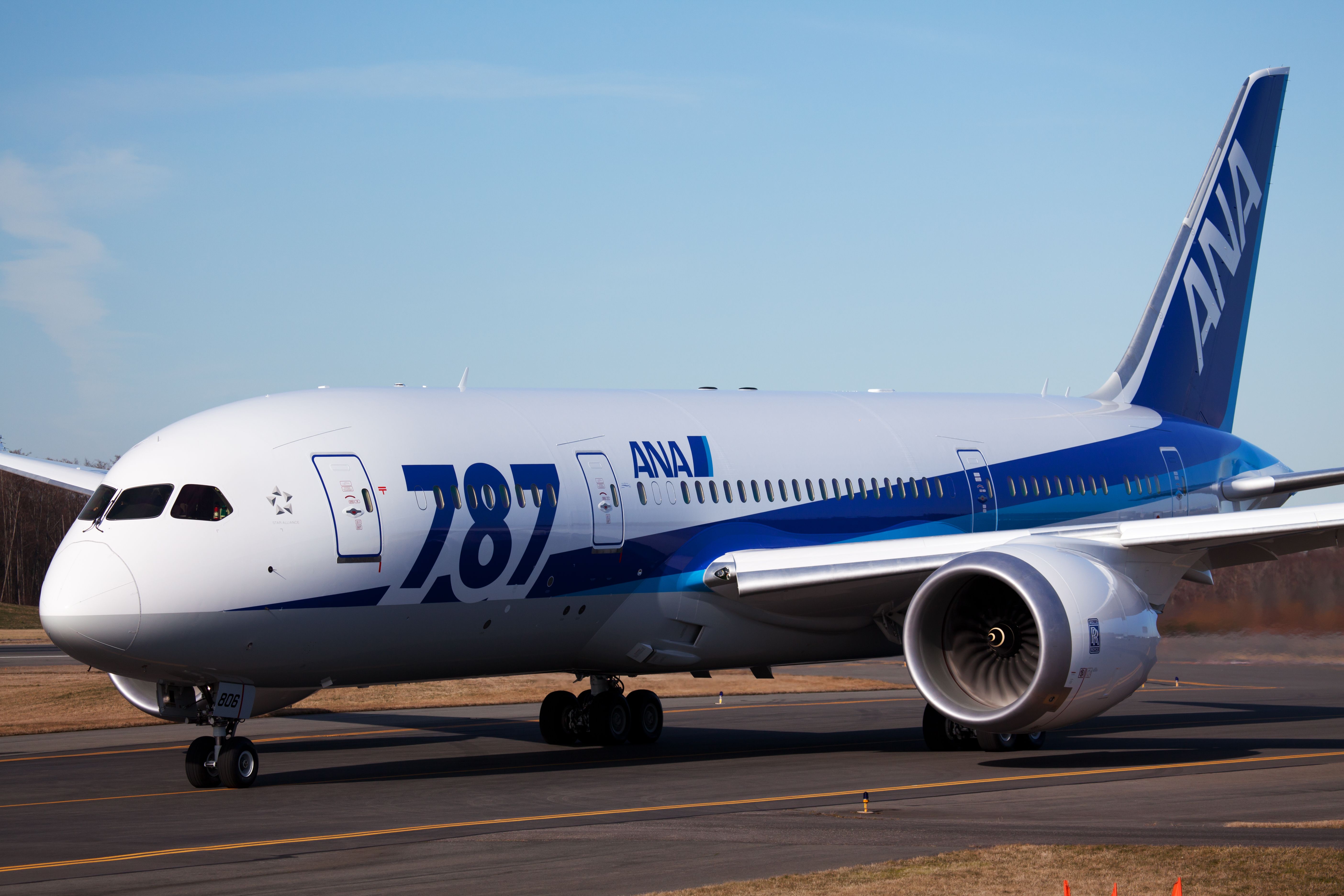Boeing 787 for All Nippon Airways taxiing at Paine Field