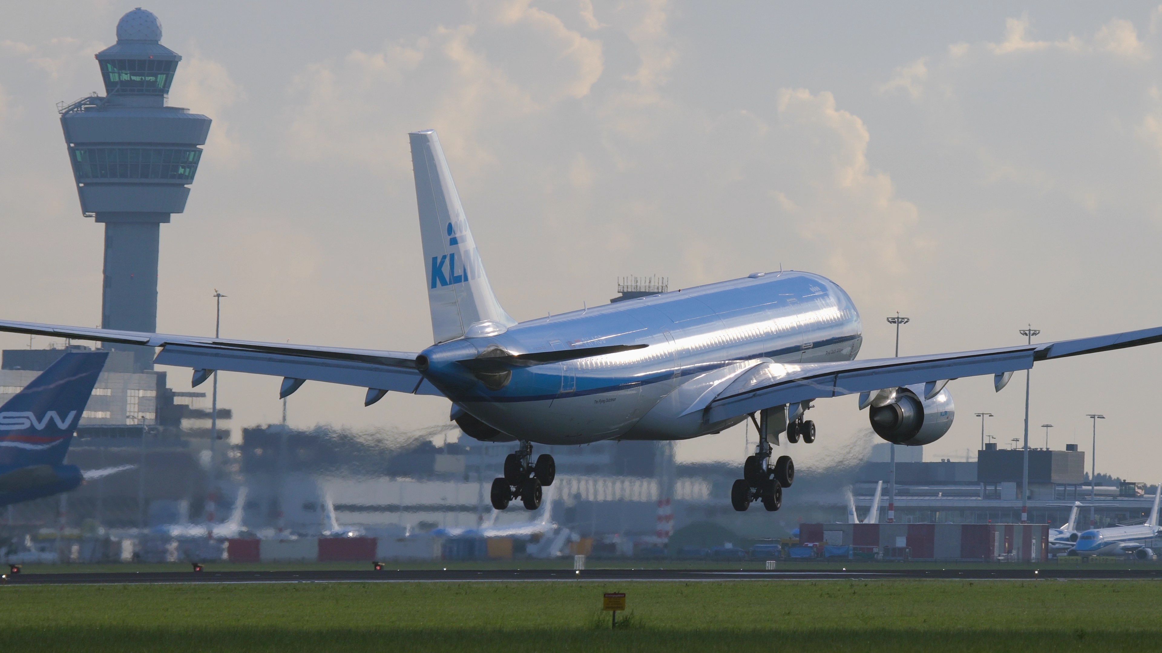 A KLM Airbus A330-200 about to land at Amsterdam Schiphol Airport.