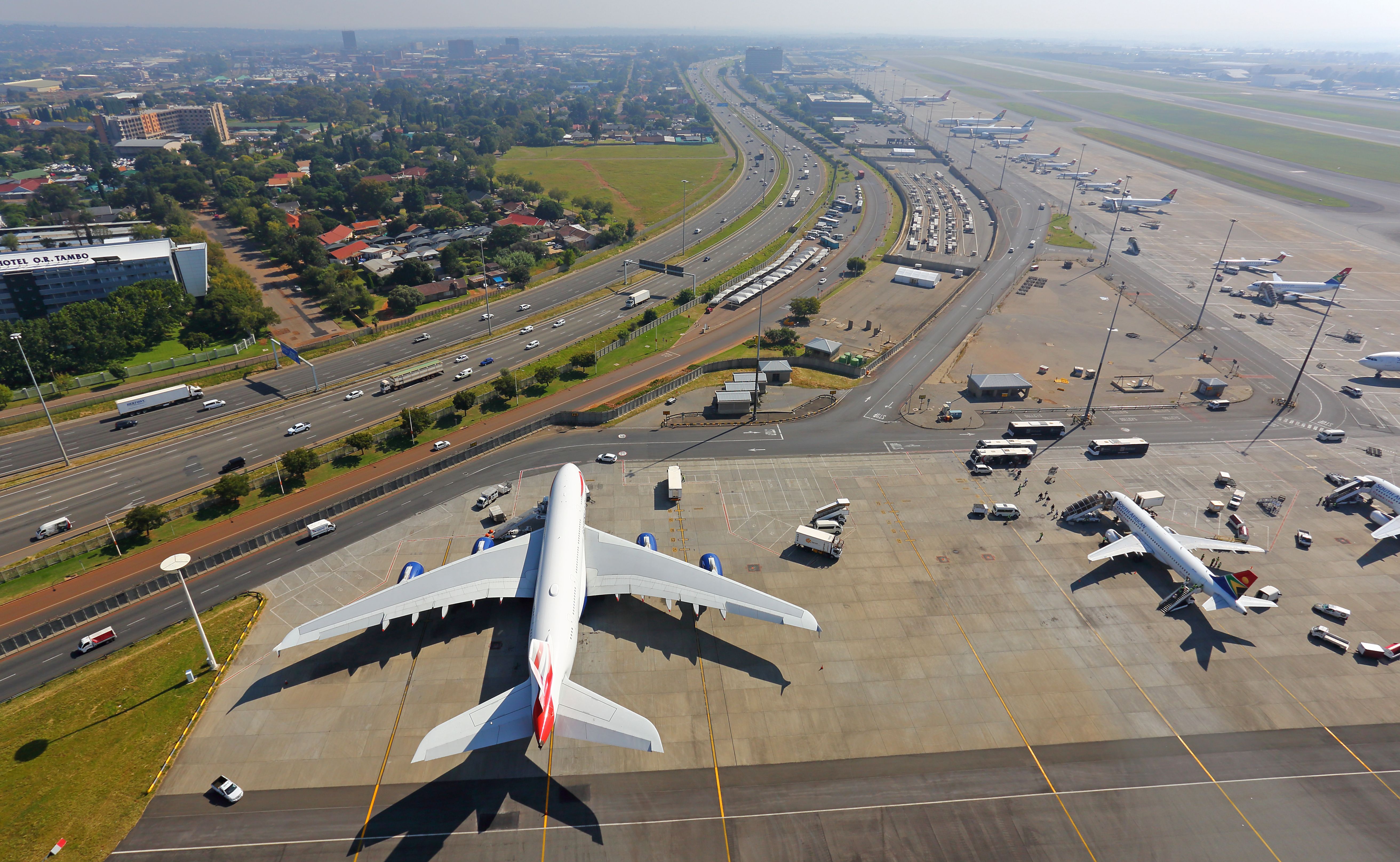 An Aerial view of a British Airways Airbus A380 on the apron at OR Tambo Airport.