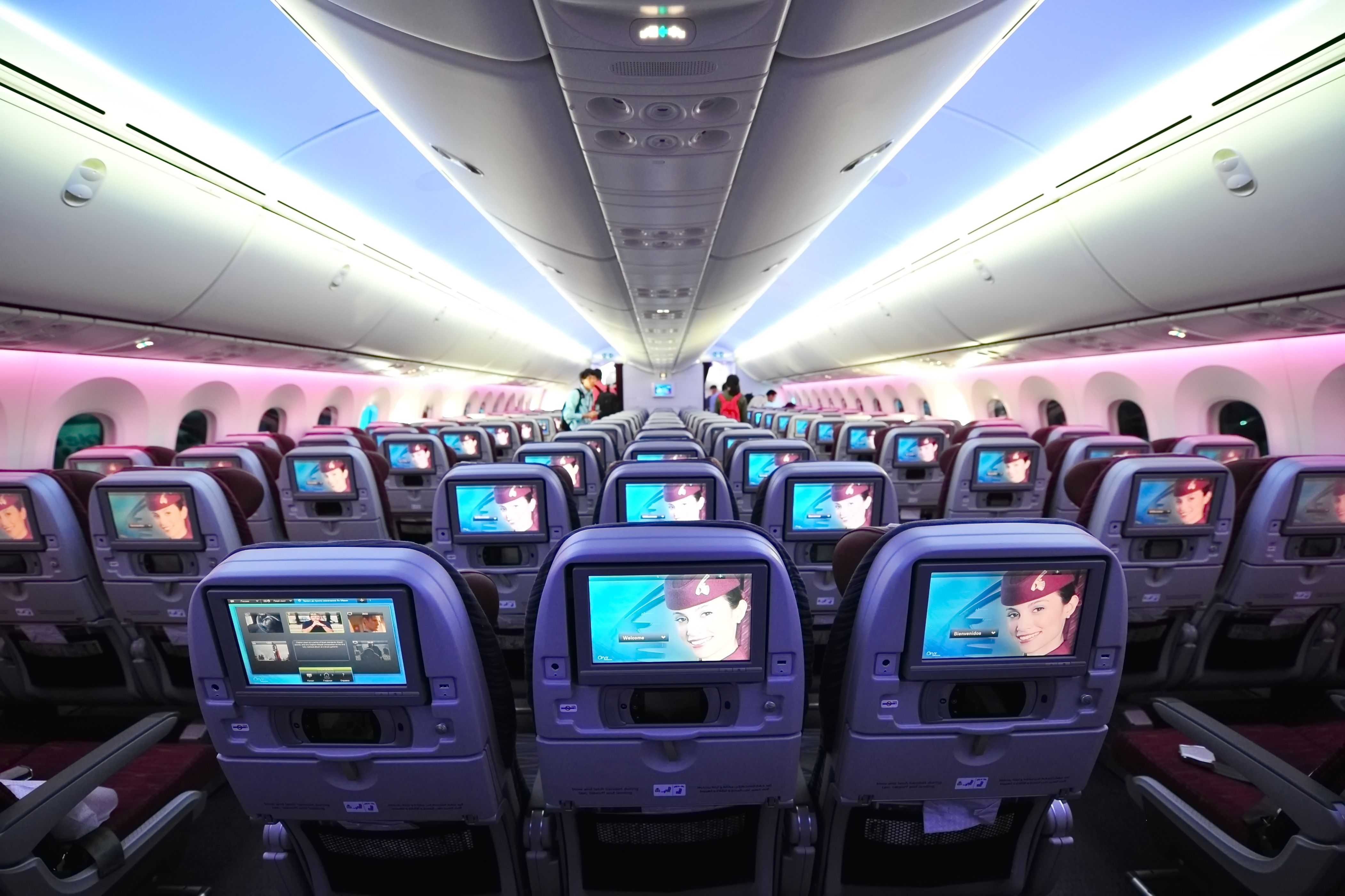 Inside Qatar Airways economy cabin. 