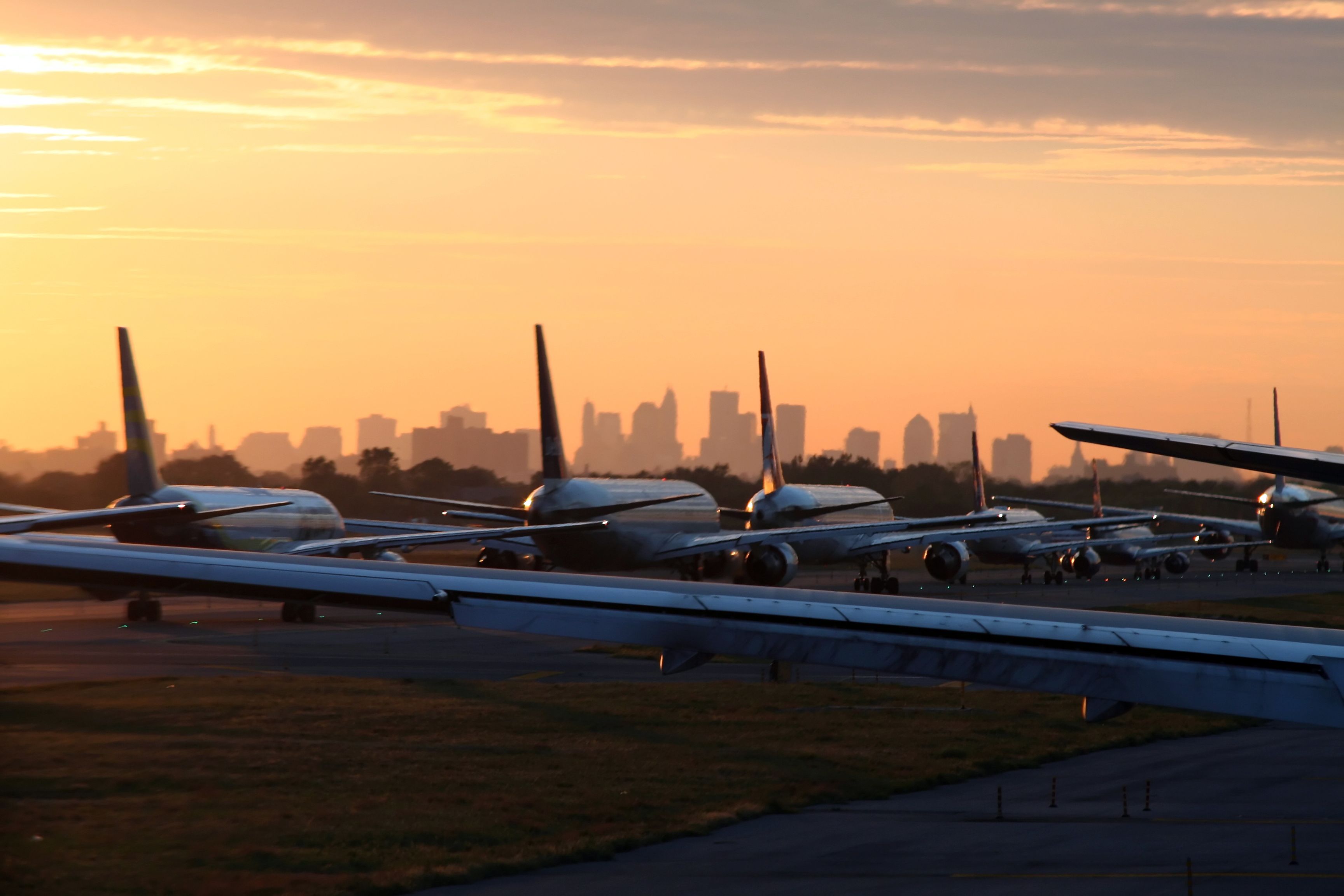 A queue of aircraft at New York JFK airport.