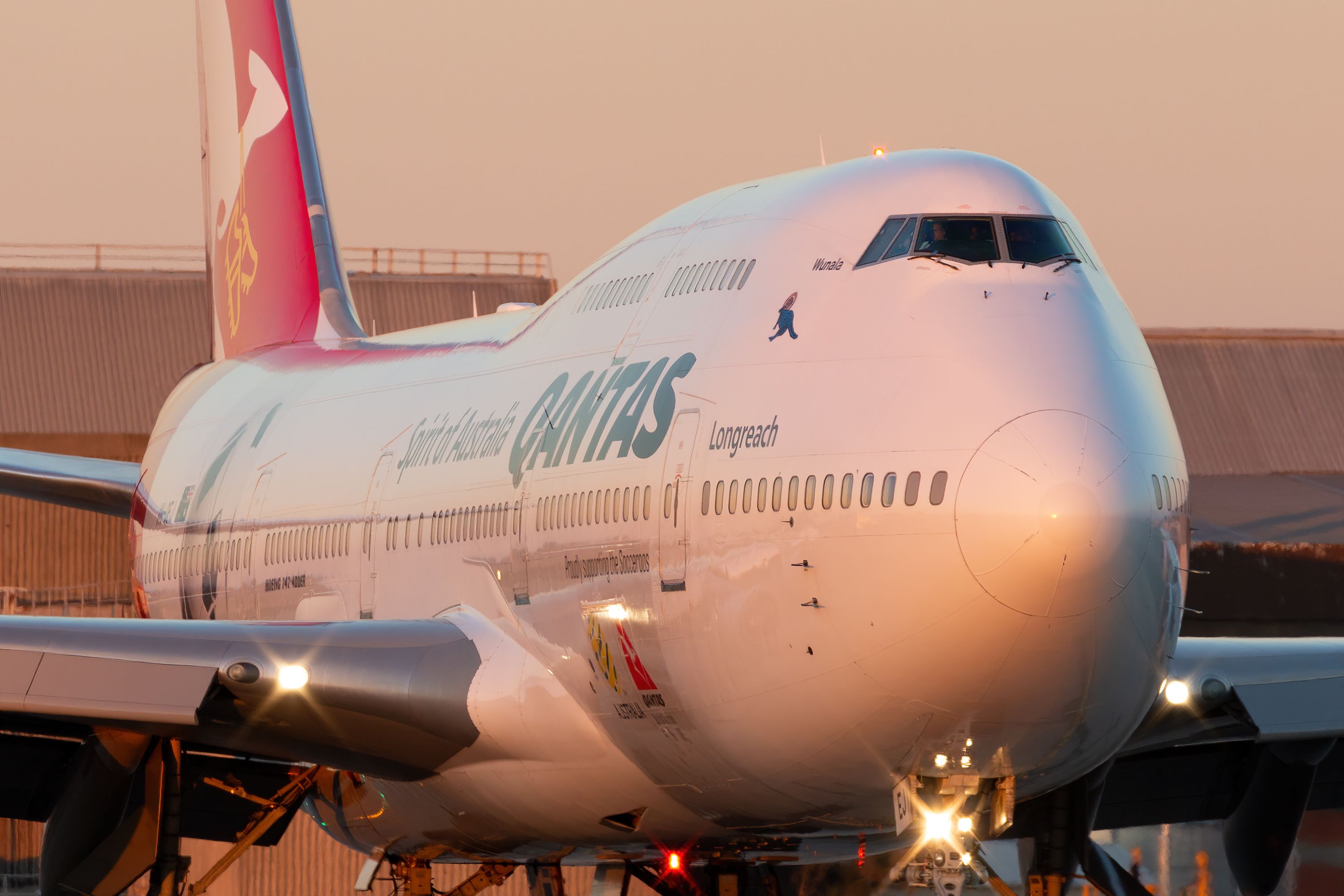 A closeup of a Qantas Boeing 747-400.