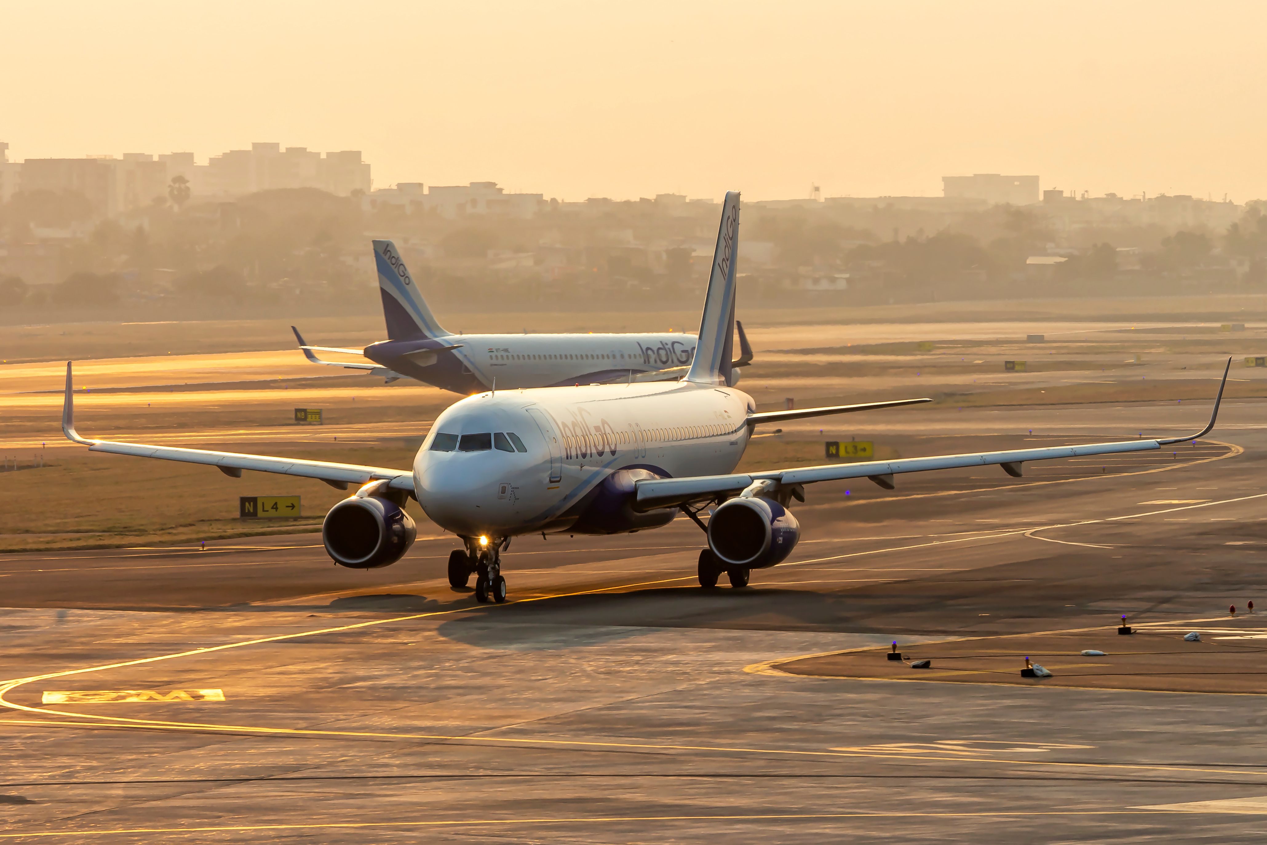 An IndiGo A320 taxiing to the runway.