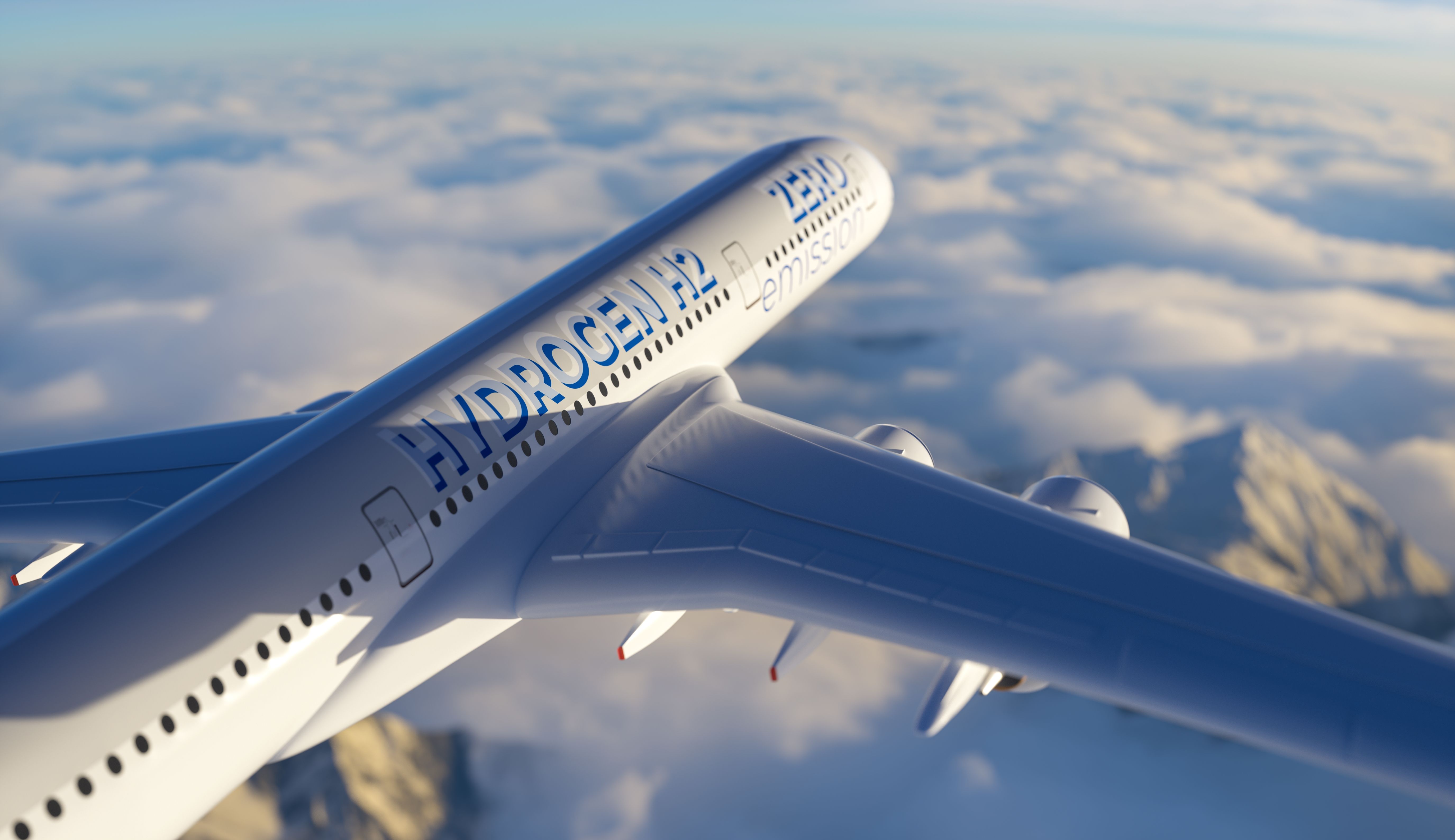 Hydrogen filled H2 Airplane flying in the sky - future H2 energy concept. 3d rendering