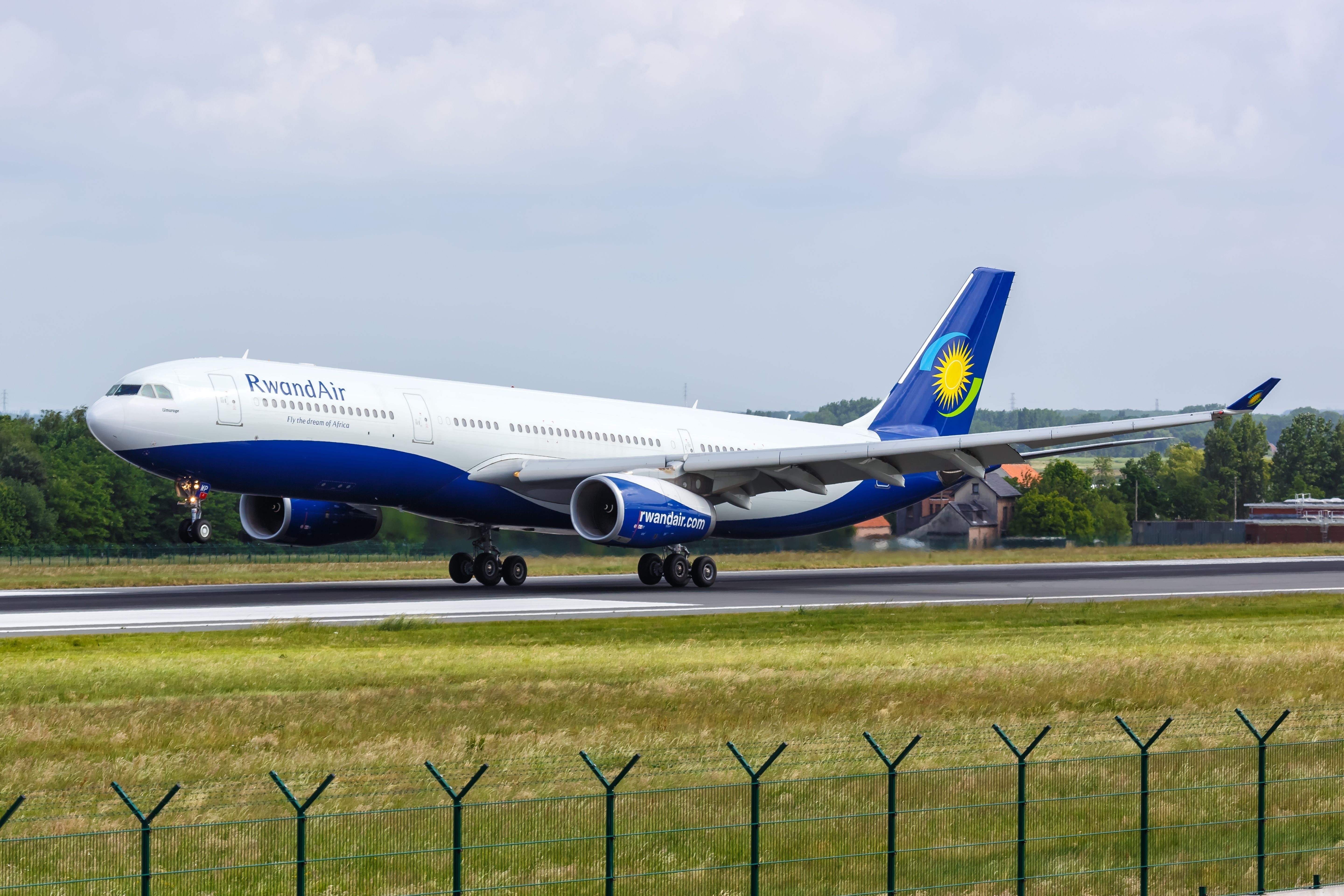 RwandaAir Airbus A330-300 taking off from Brussels Airport