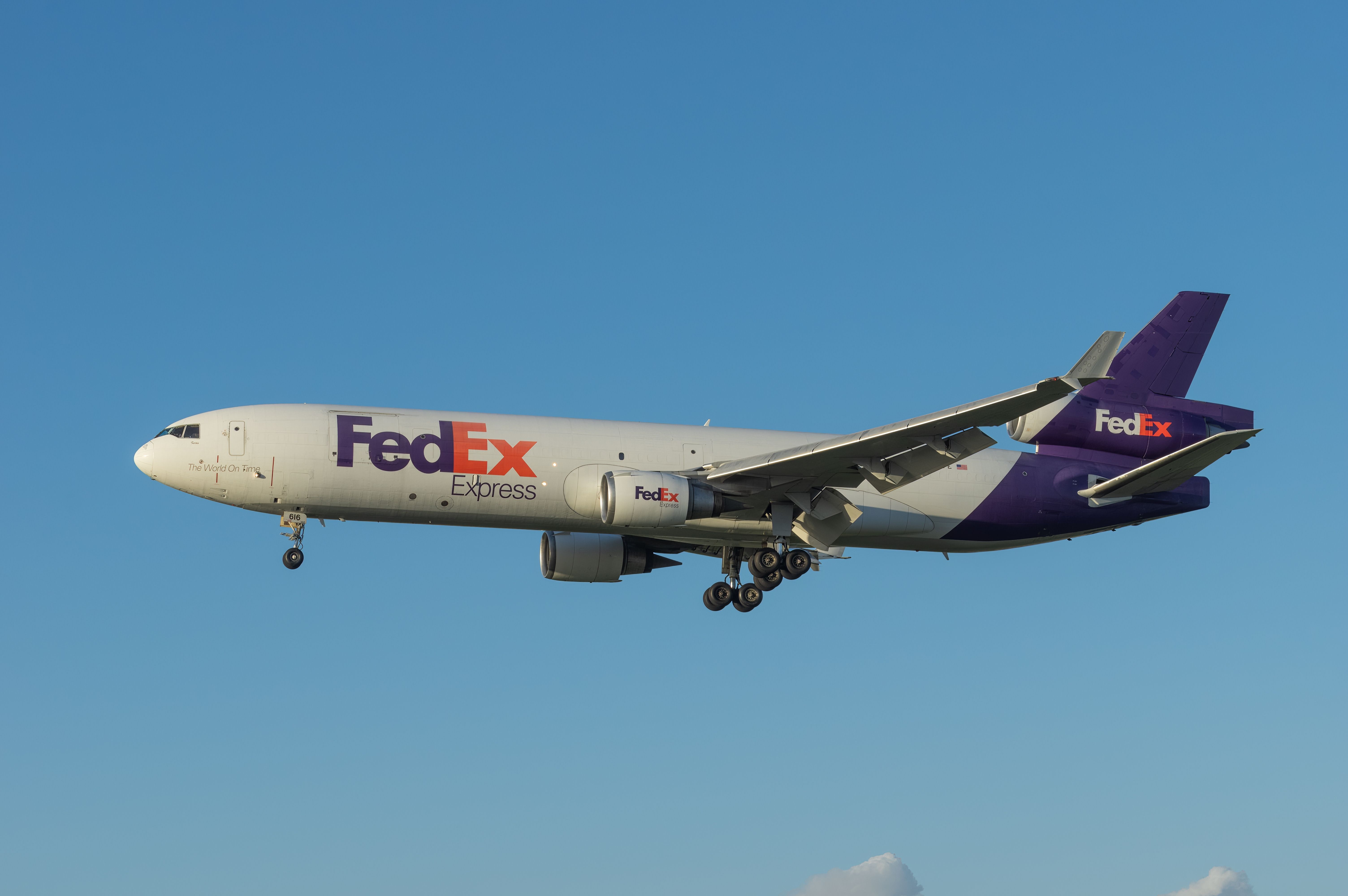 Los Angeles, California, United States - February 5, 2023: FedEx Express 1995 McDonnell Douglas MD-11 aircraft with registration N616FE shown approaching LAX, Los Angeles International Airport.
