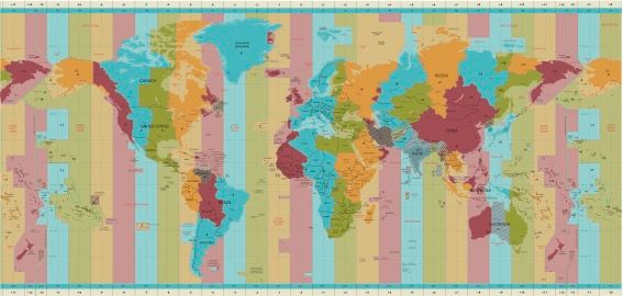 A detailed map of the world's 24 time zones. 