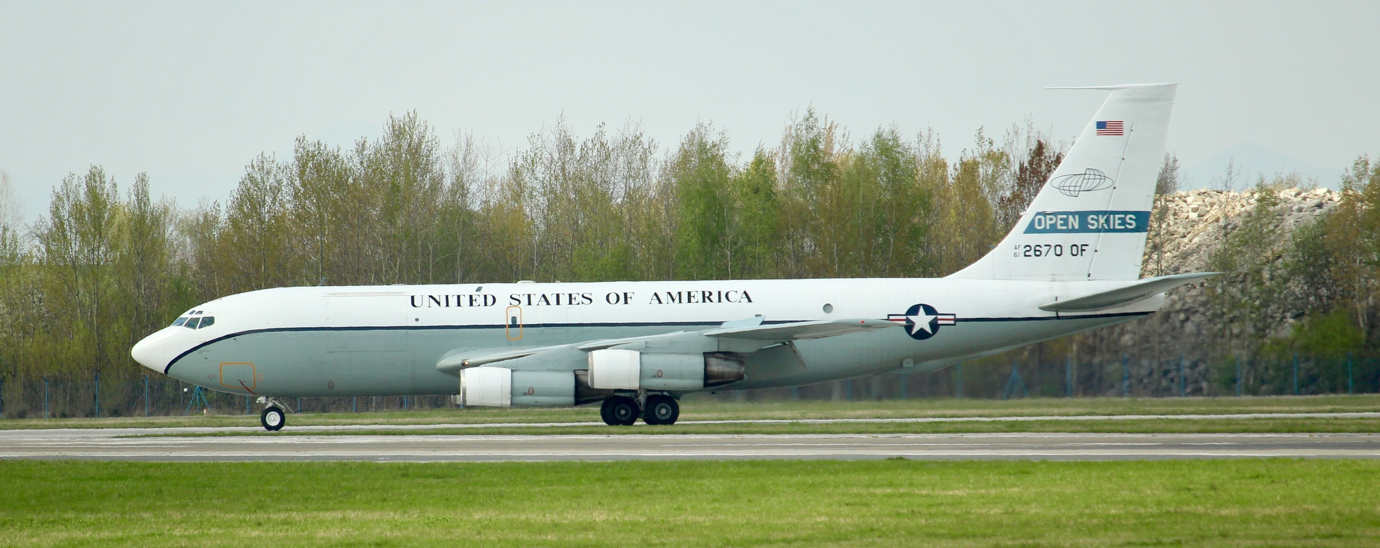 The United States's OC-135B Open Skies aircraft on a taxiway.