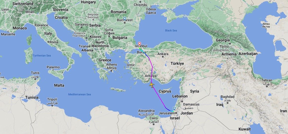 TAROM Flight 154 Diversion Map