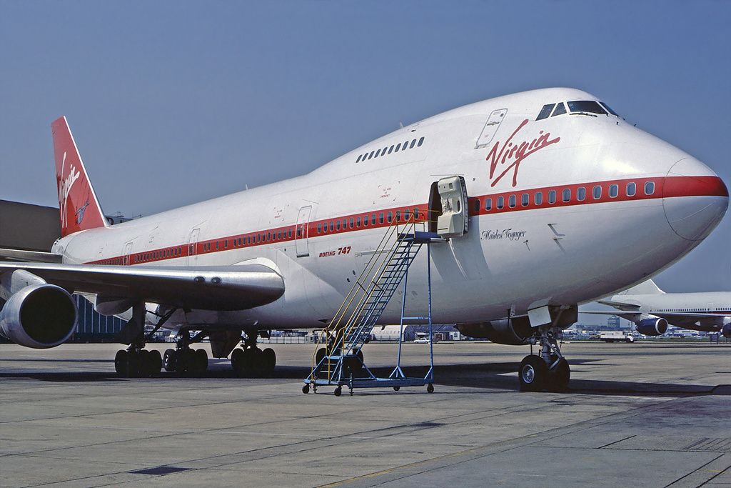 A Virgin Atlantic Boeing 747 parked at an airport.