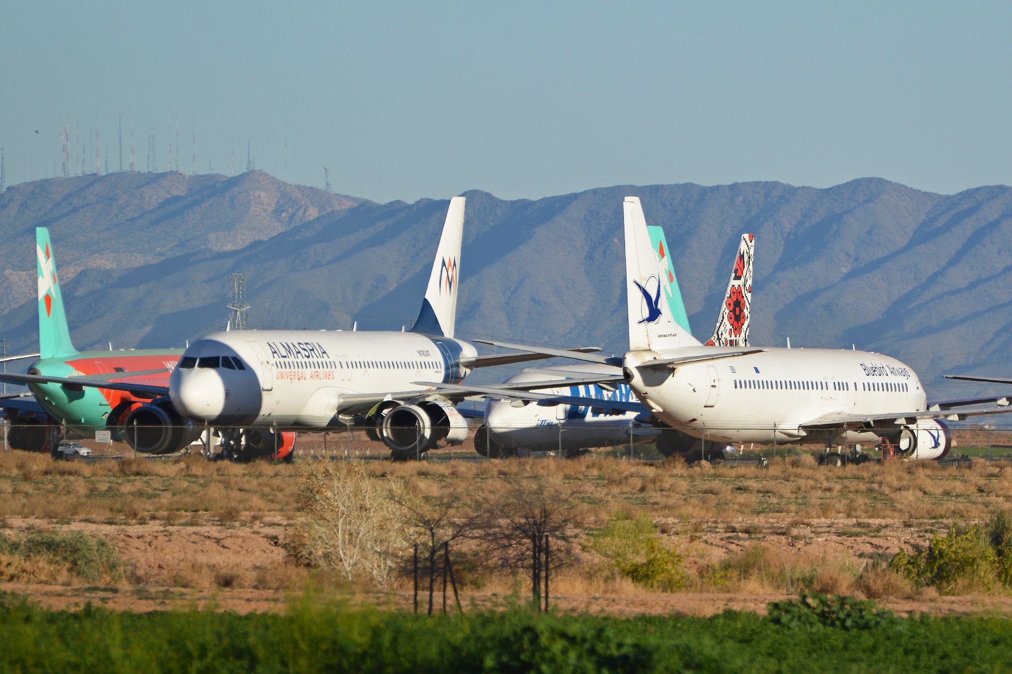 A line of stored airliners at Goodyear, Arizona