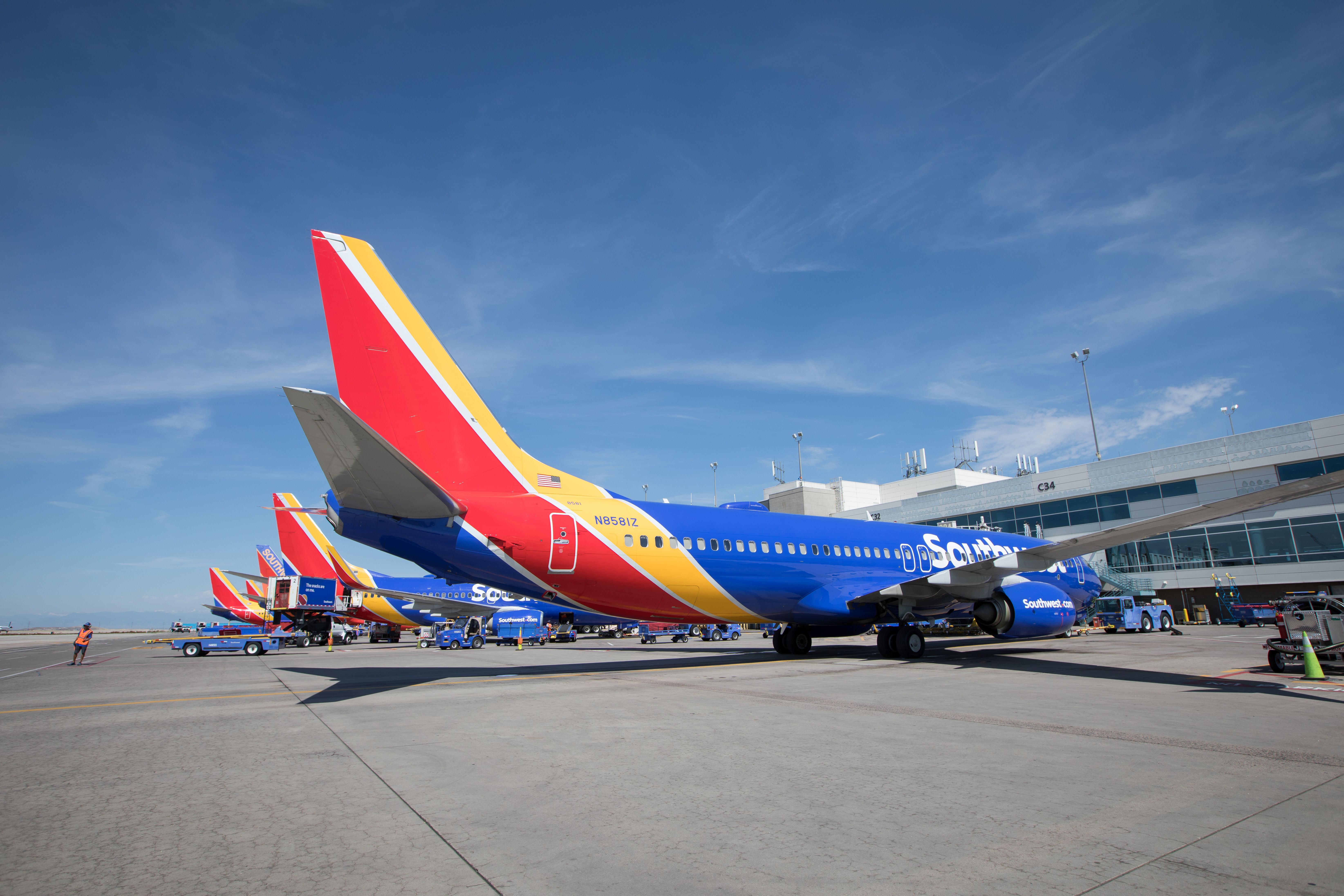 Sothwest Airlines Boeing 737s lined up.