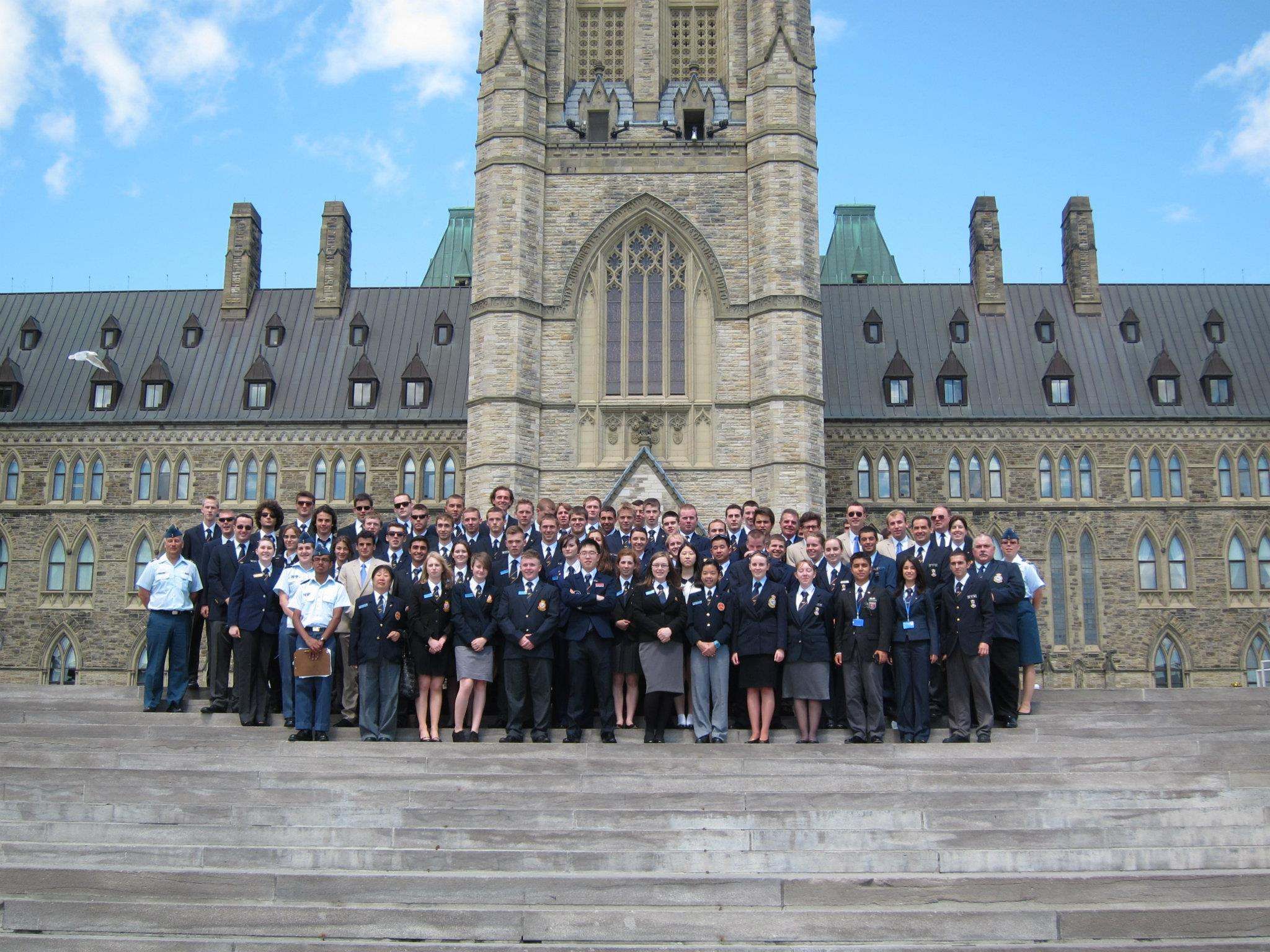 International Air Cadet Exchange participants standing outside a large building in Canada