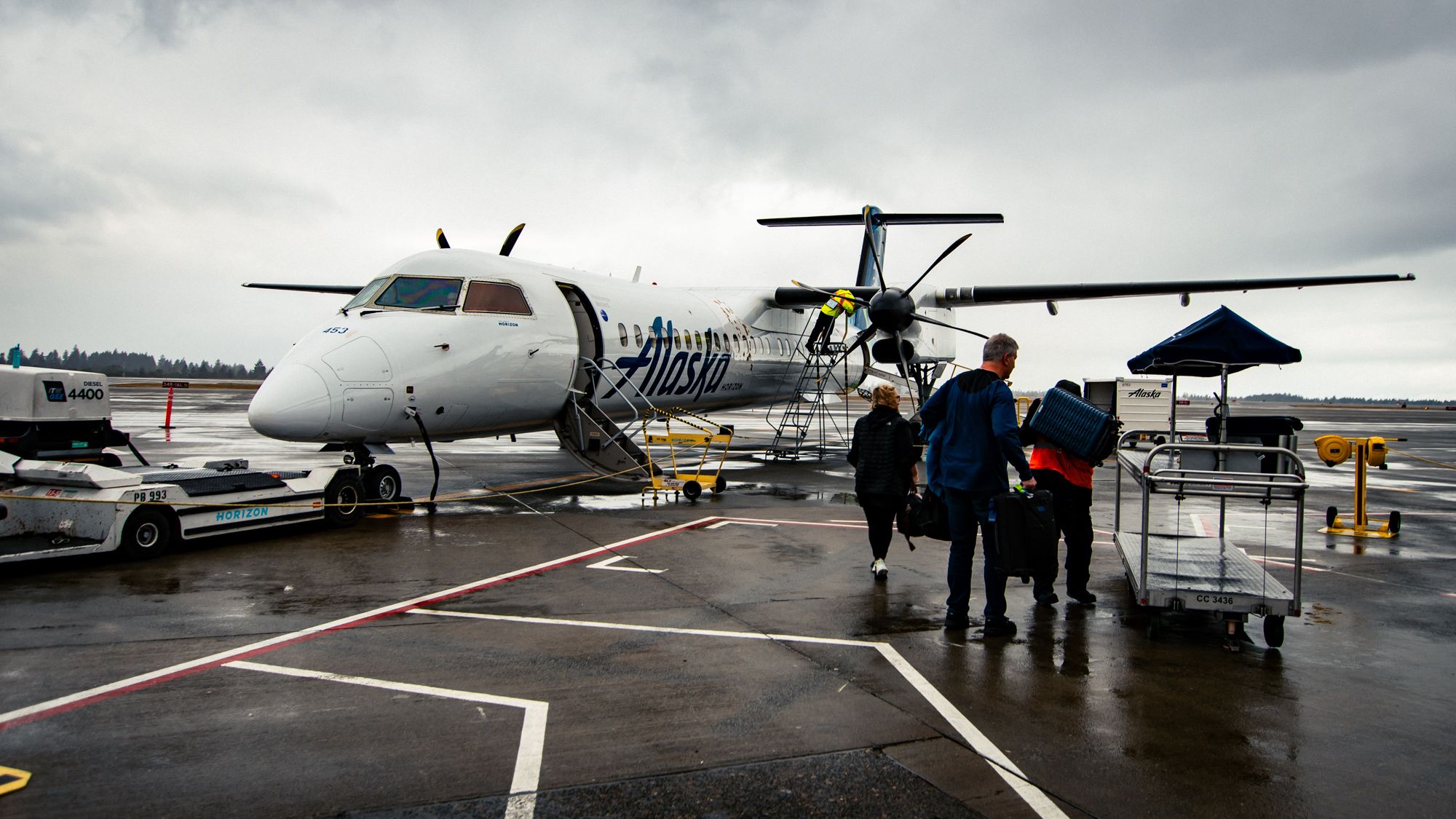 Passengers boarding an Alaska Airlines Dash 8 via air stairs at Seattle-Tacoma Int'l.