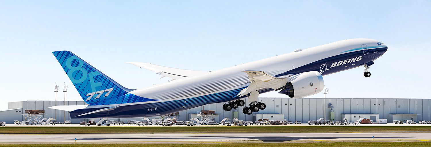 A Boeing 777-8F freighter taking off. 