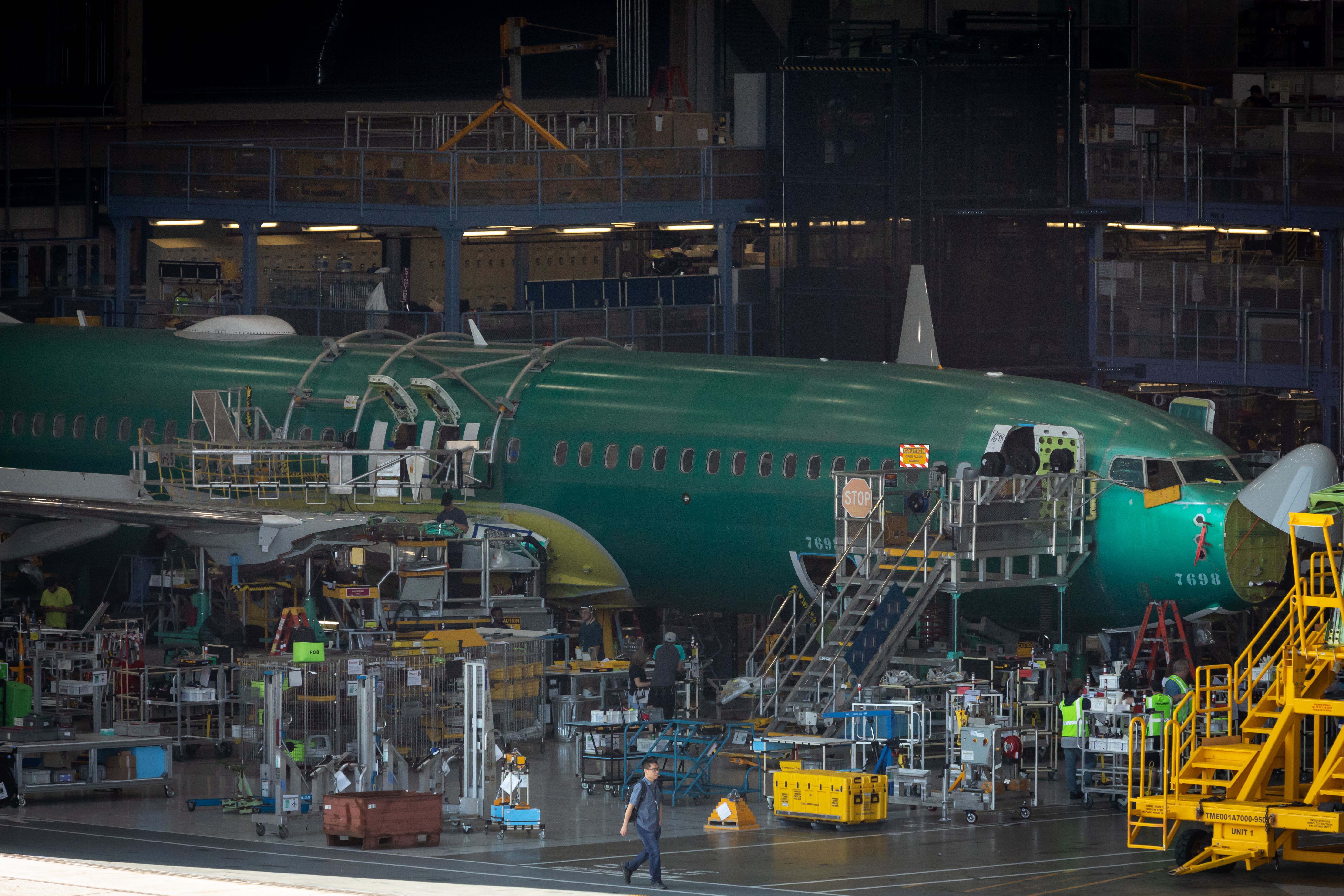 A partially built Boeing 737 MAX airliner inside the Renton factory 