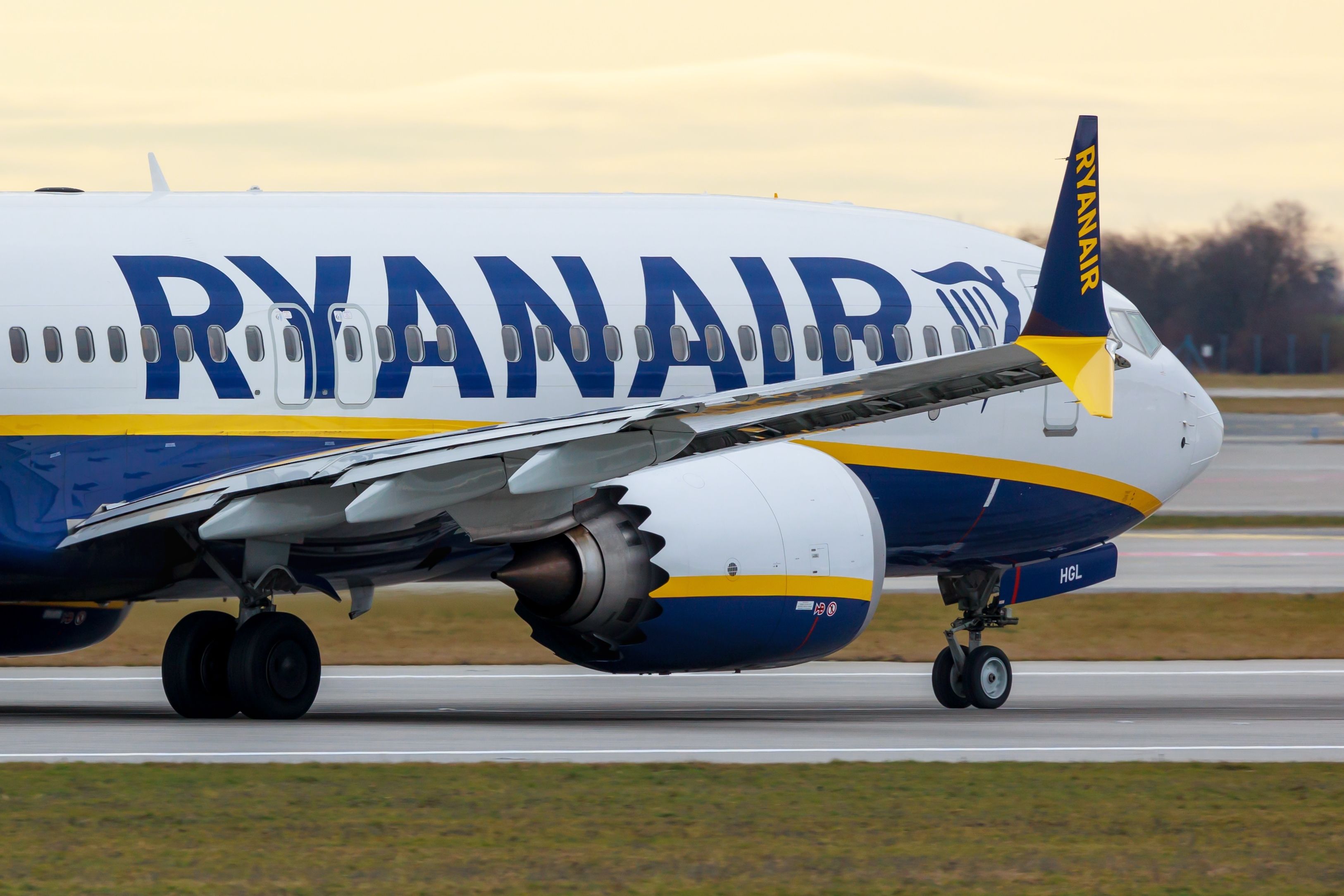 A Ryanair Boeing 737 MAX 8-200 taxiing.