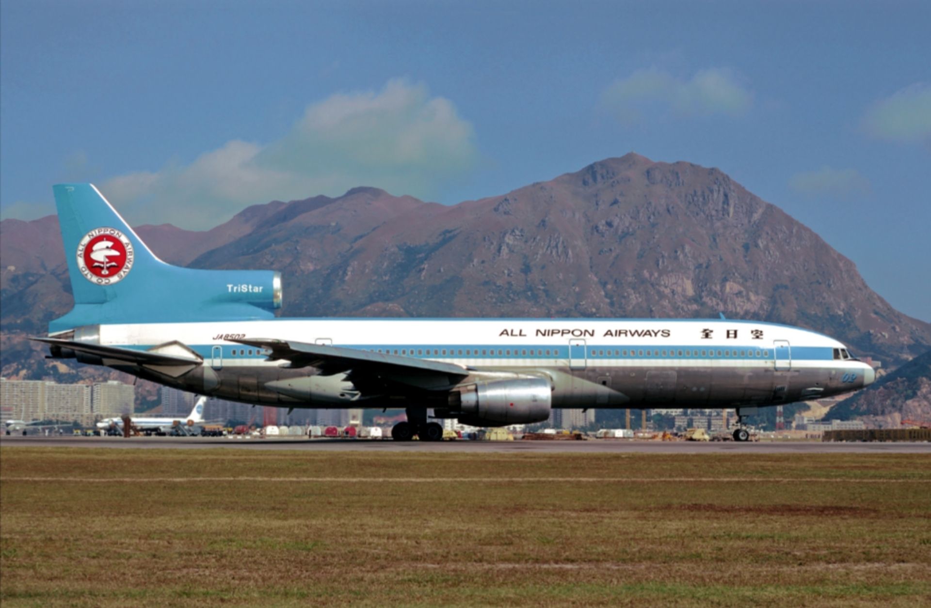 An All Nippon Airways Lockheed L-1011 Tristar on the runway at Hong Kong Kai Tak Airport.