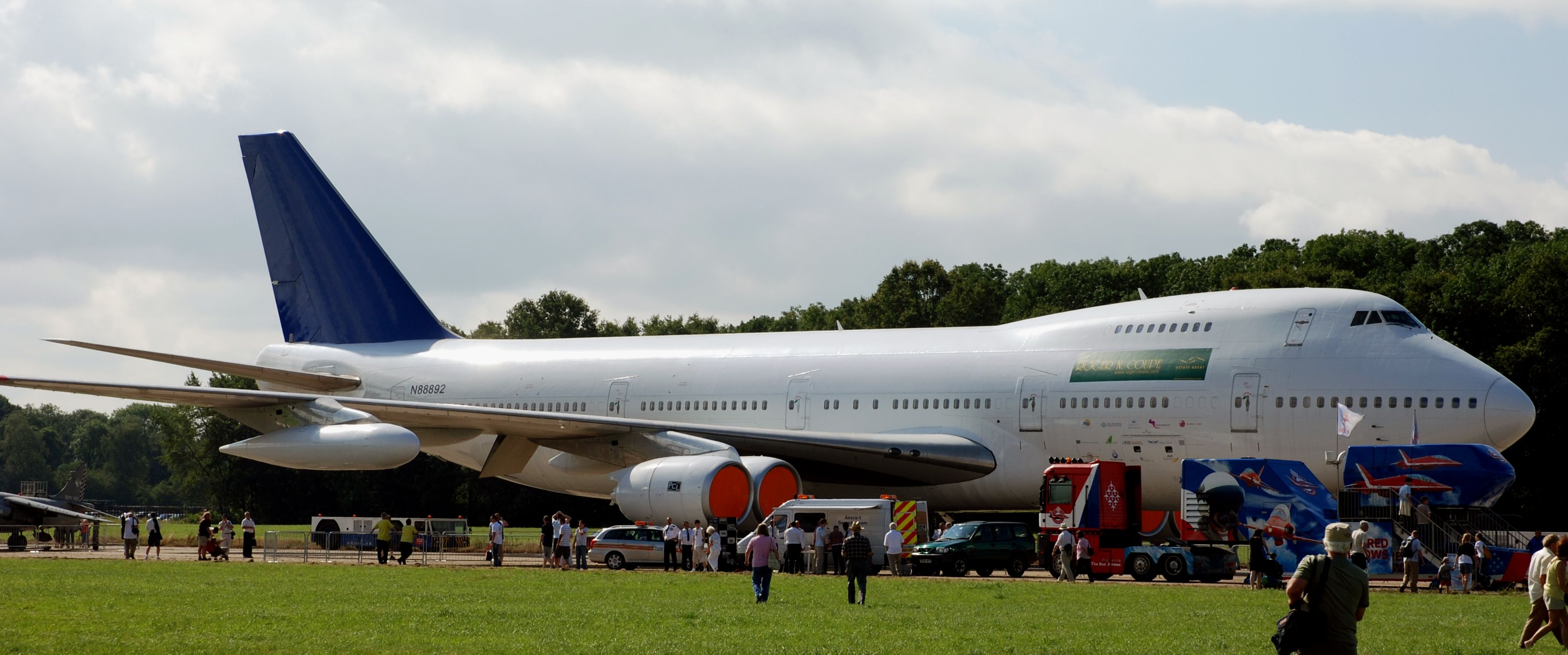 A Boeing 747 sitting at the Dunsfold aerodrome.