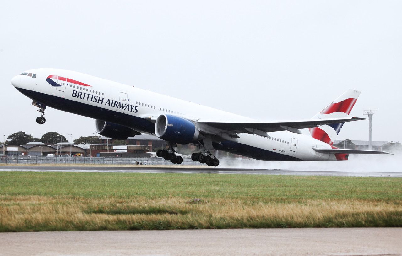 A British Airways Boeing 777-200 taking off.