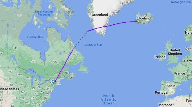 A map shwoing the path from Iceland to New York. 