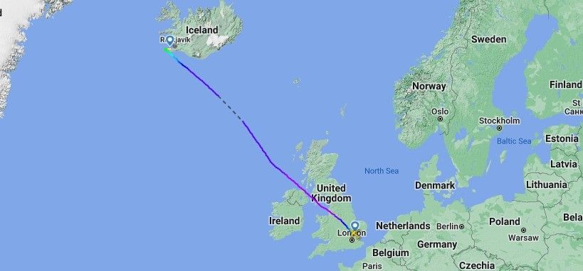 A map showing the path from London to Iceland.