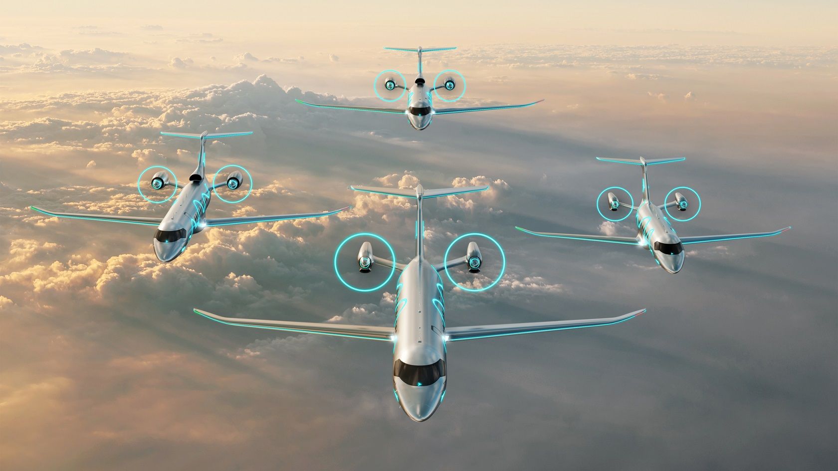 A render of Embraer's Energia Family aircraft flying in formation.