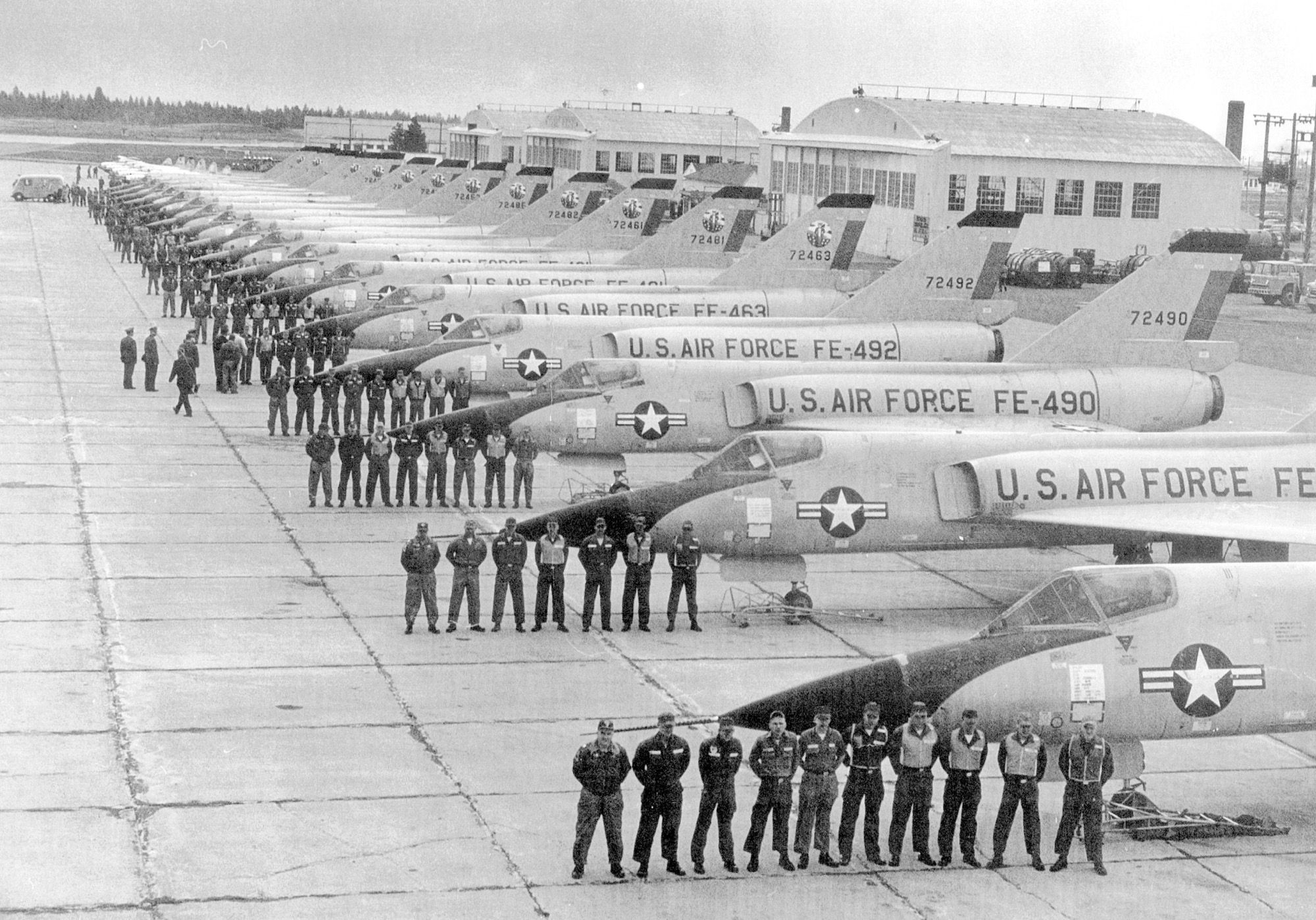 Many F-106s aircraft lined up at Spokane International Airport.