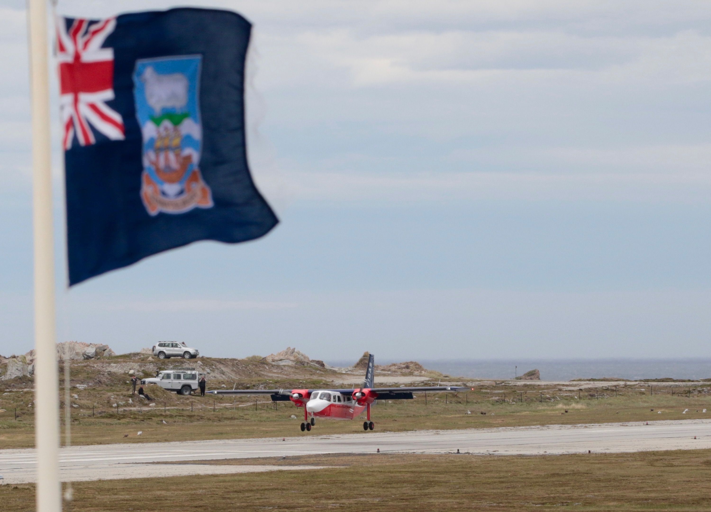 Falkland Islands Government Aviation Service Islander landing in Port Stanley, Falkland Islands