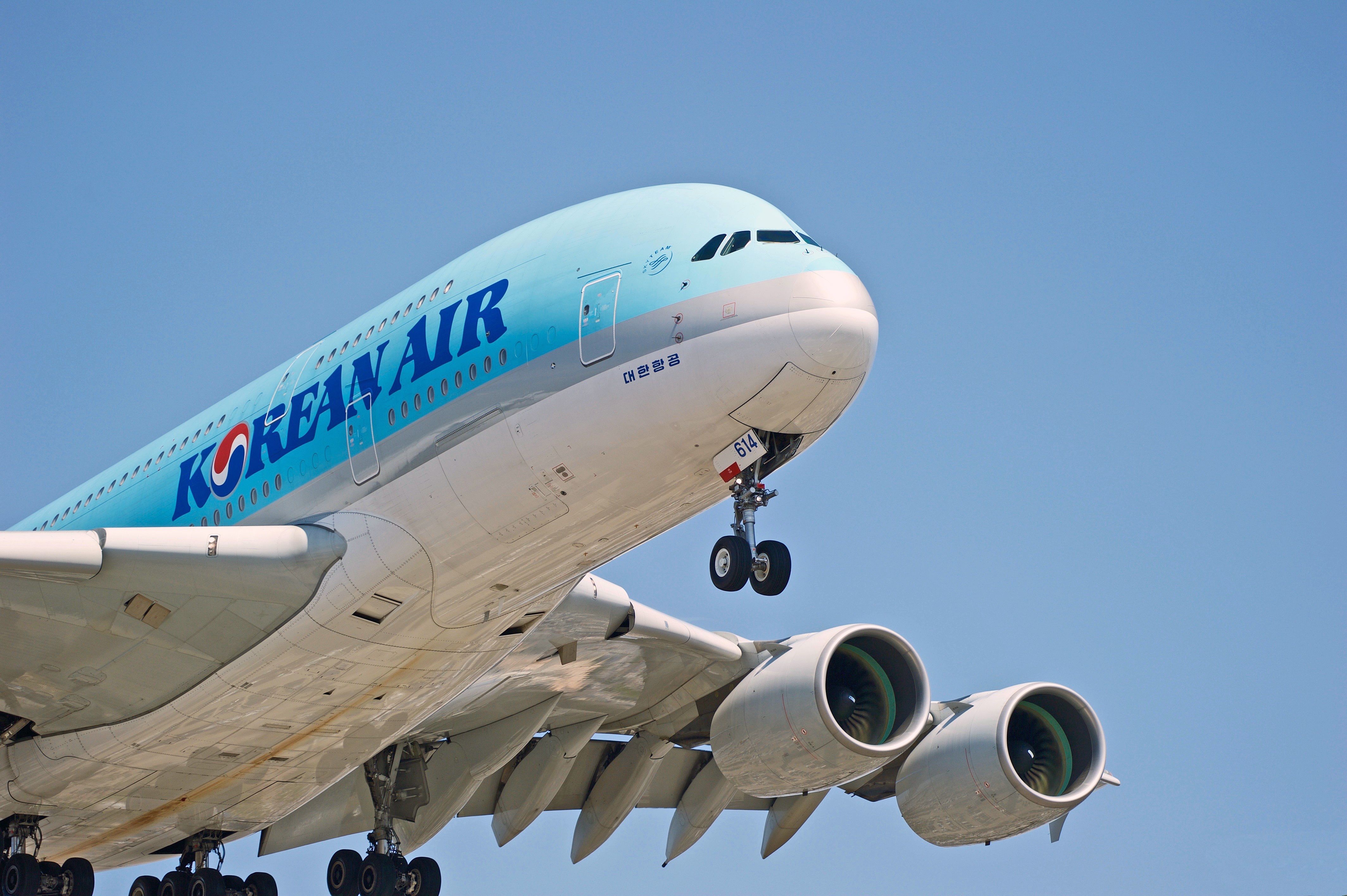 A Korean Air A380 taking off.