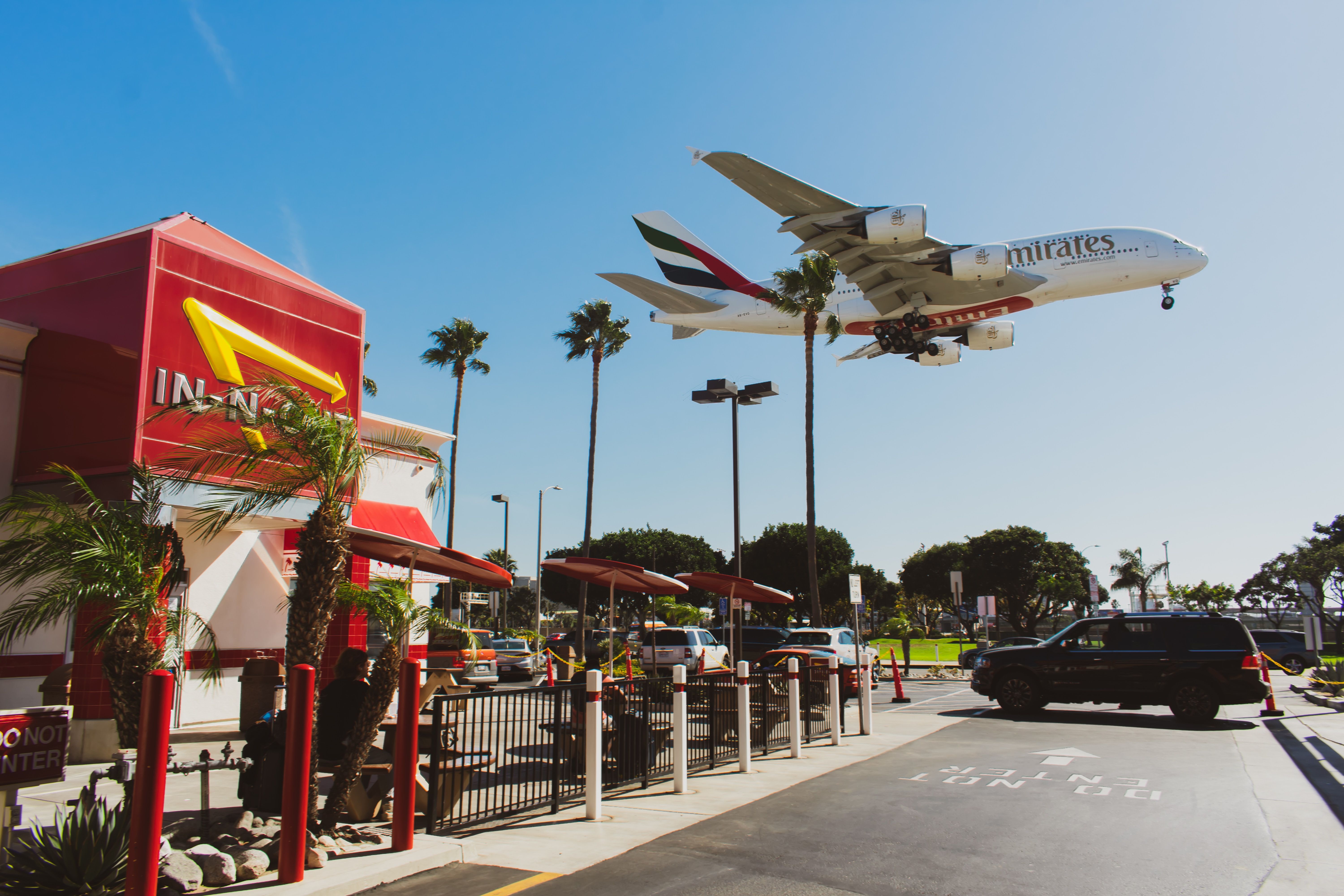Emirates Airbus A380 Landing LAX in front of In N Out Burger