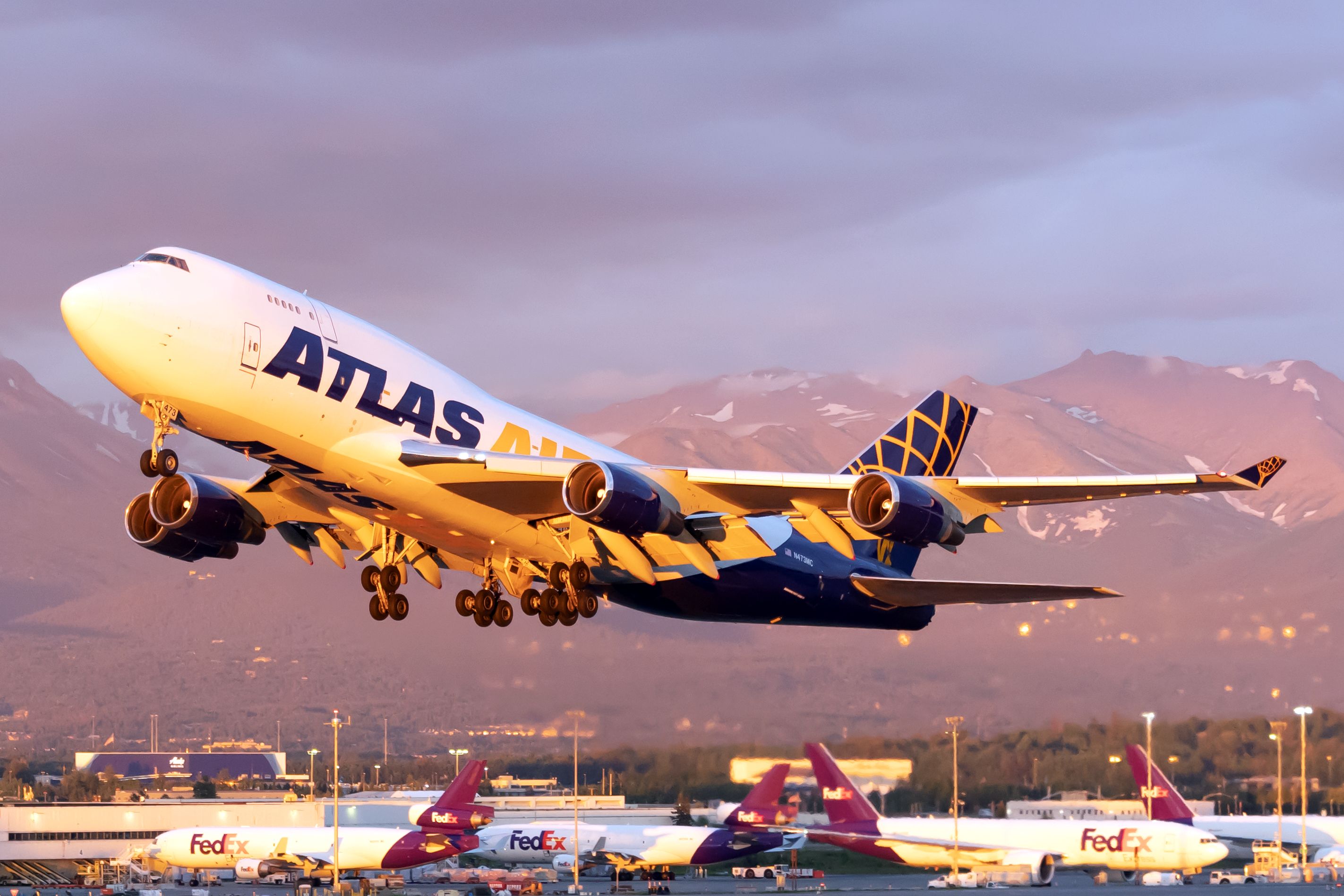An Atlas Air Boeing 747 taking off from Anchorage Ted Stevens Airport. 