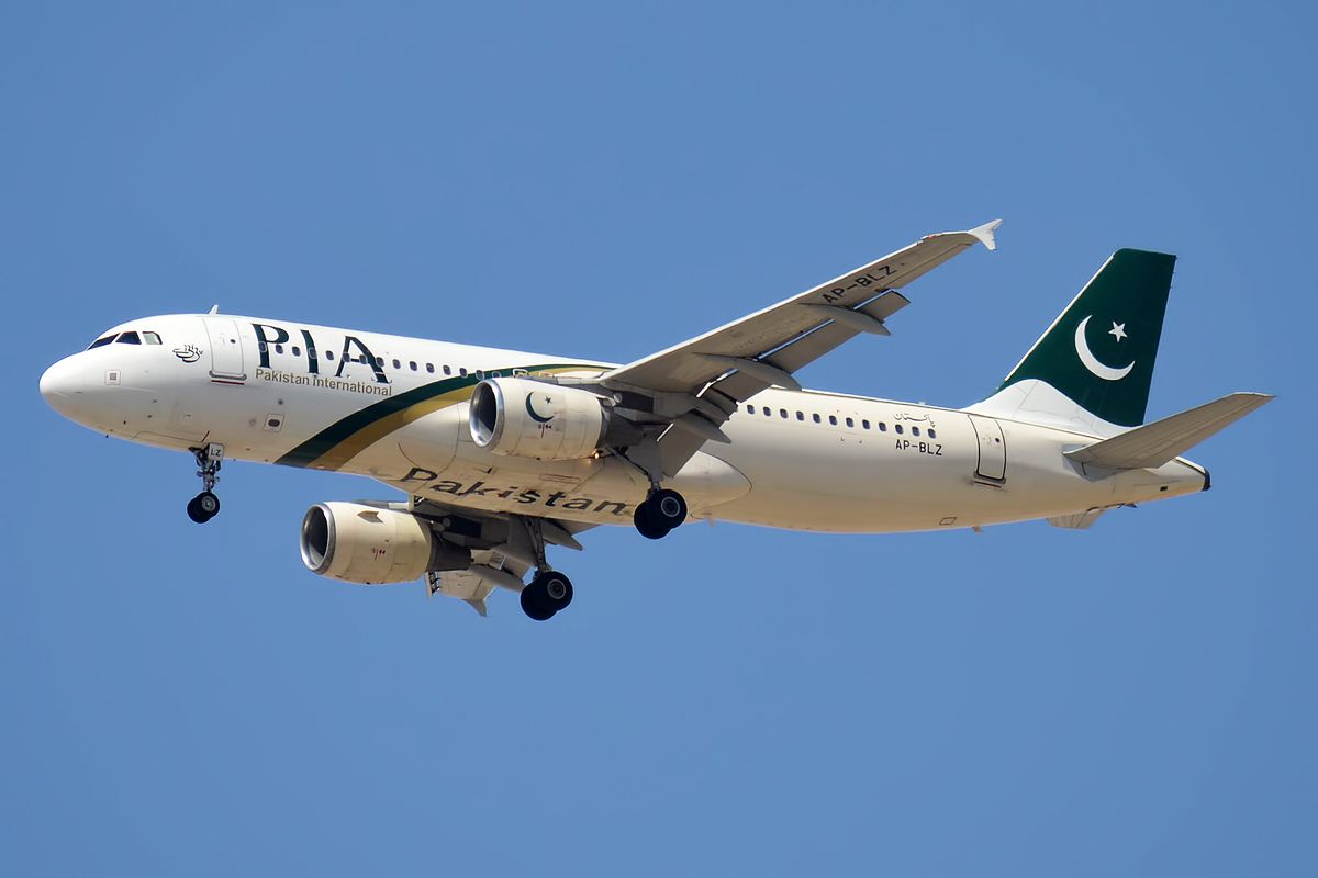 A Pakistan International Airlines Airbus A320-216, registration AP-BLZ, flying in the sky.
