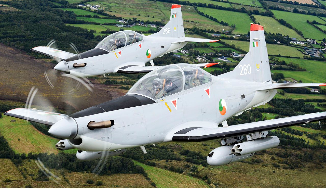 Two Pilatus PC-9s of the Irish Air Corp flying in formation.