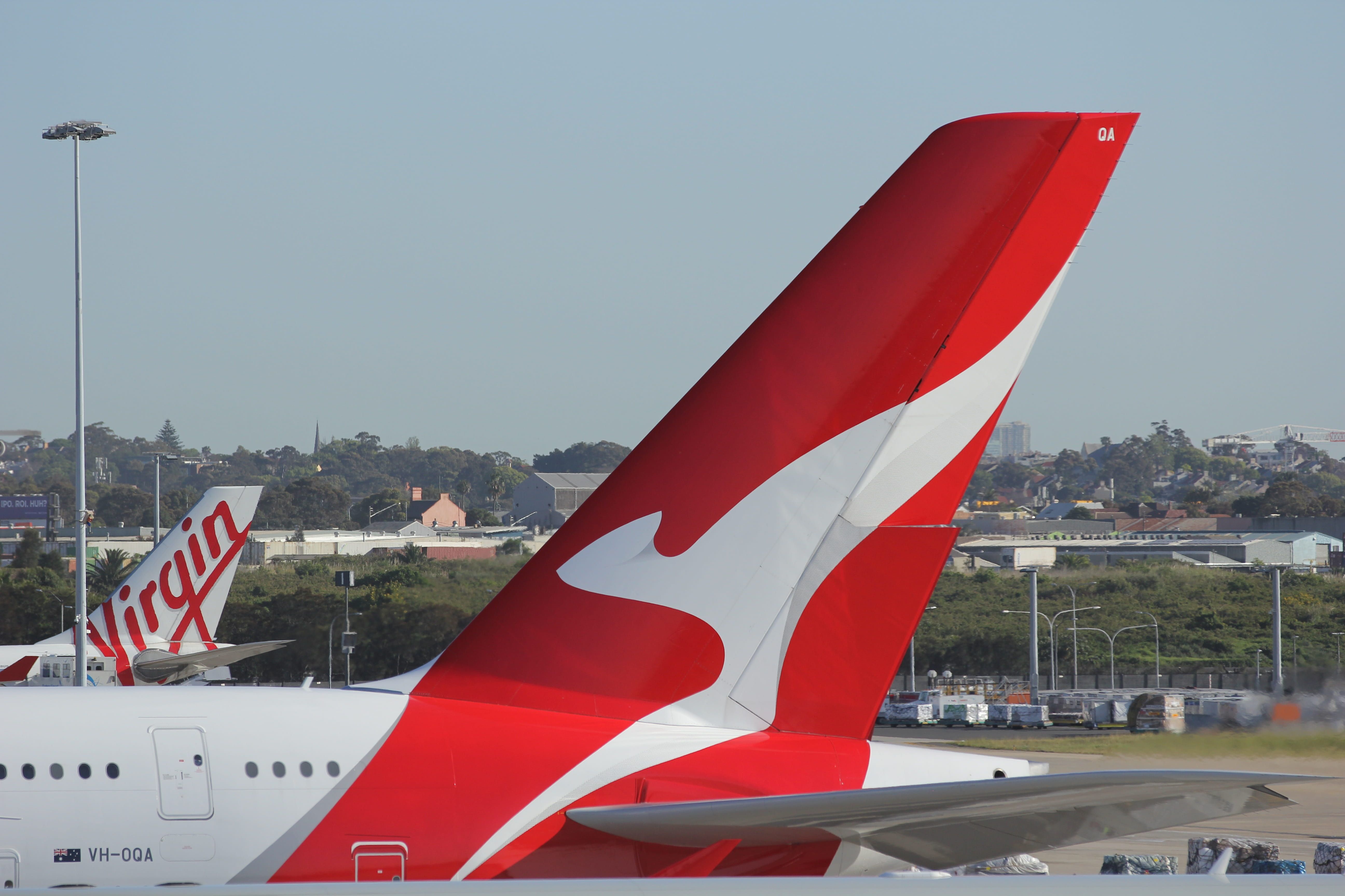 A closeup of a Qantas A380 aircraft tail.