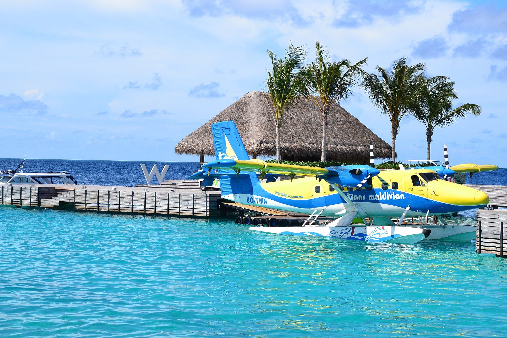 Seaplane parked at the W hotel in The Maldives.
