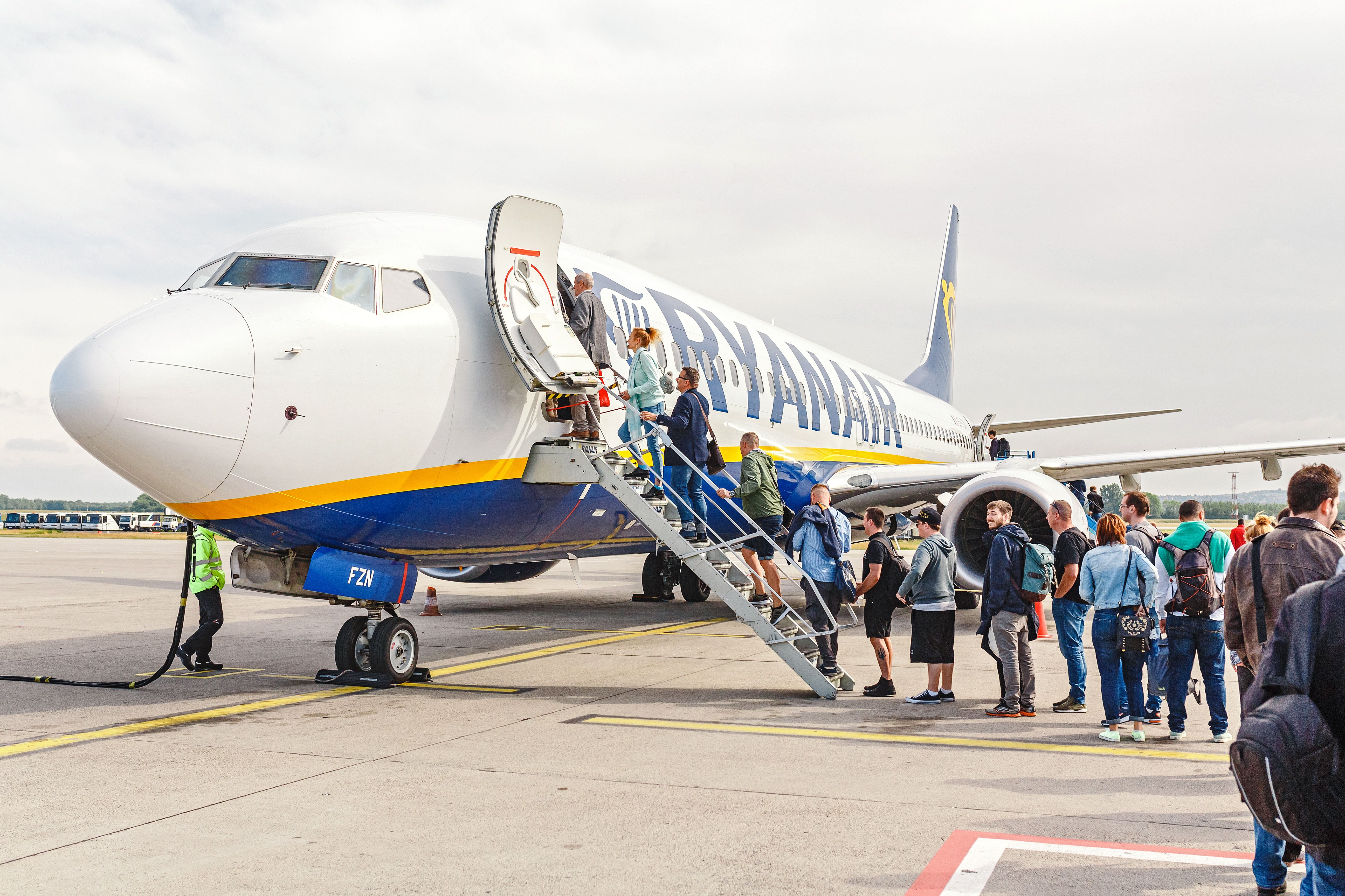 Passengers boarding a Ryanair Boeing 737 in Budapest.