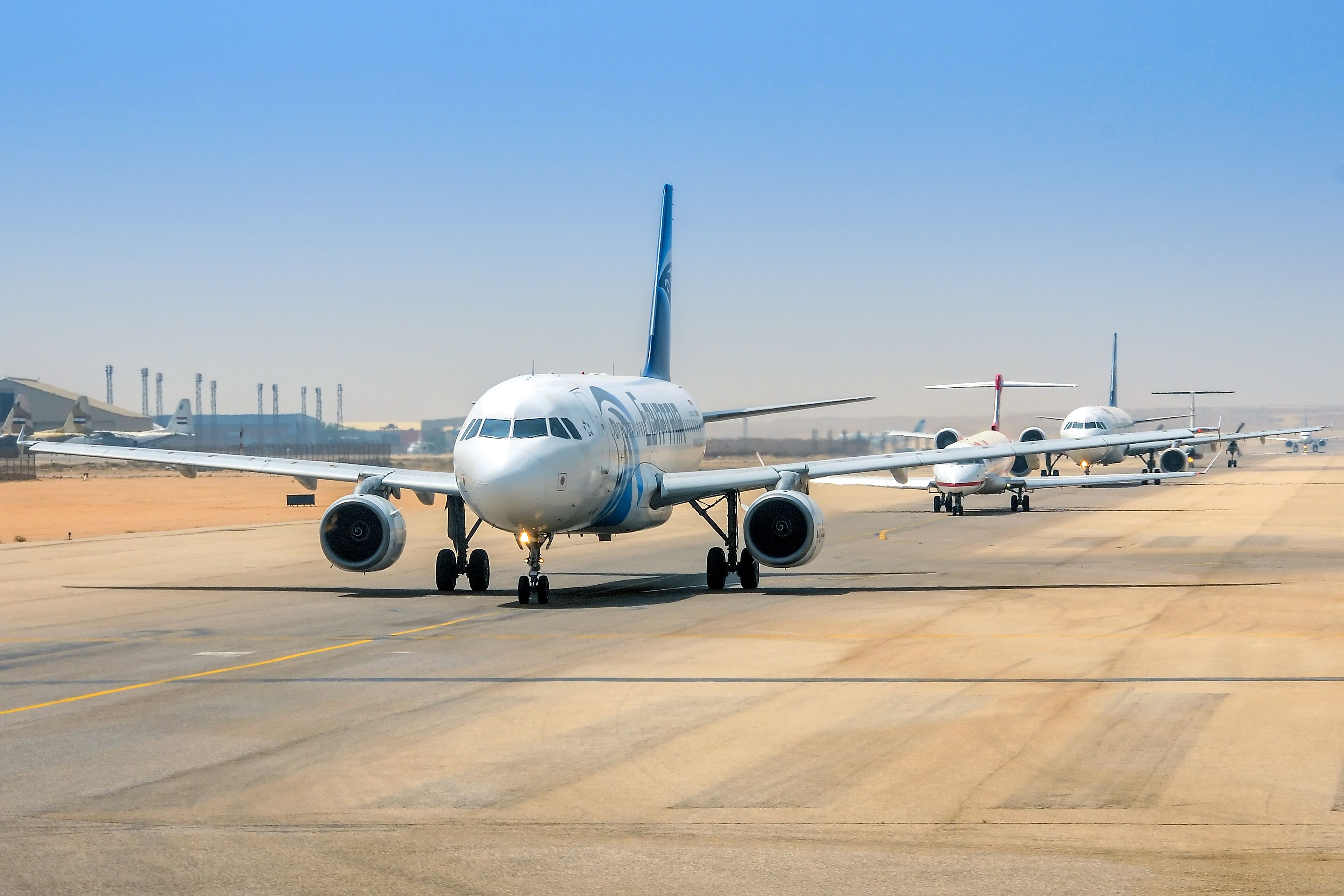 An EgyptAir aircraft queuing on the apron at Cairo International Airport. 