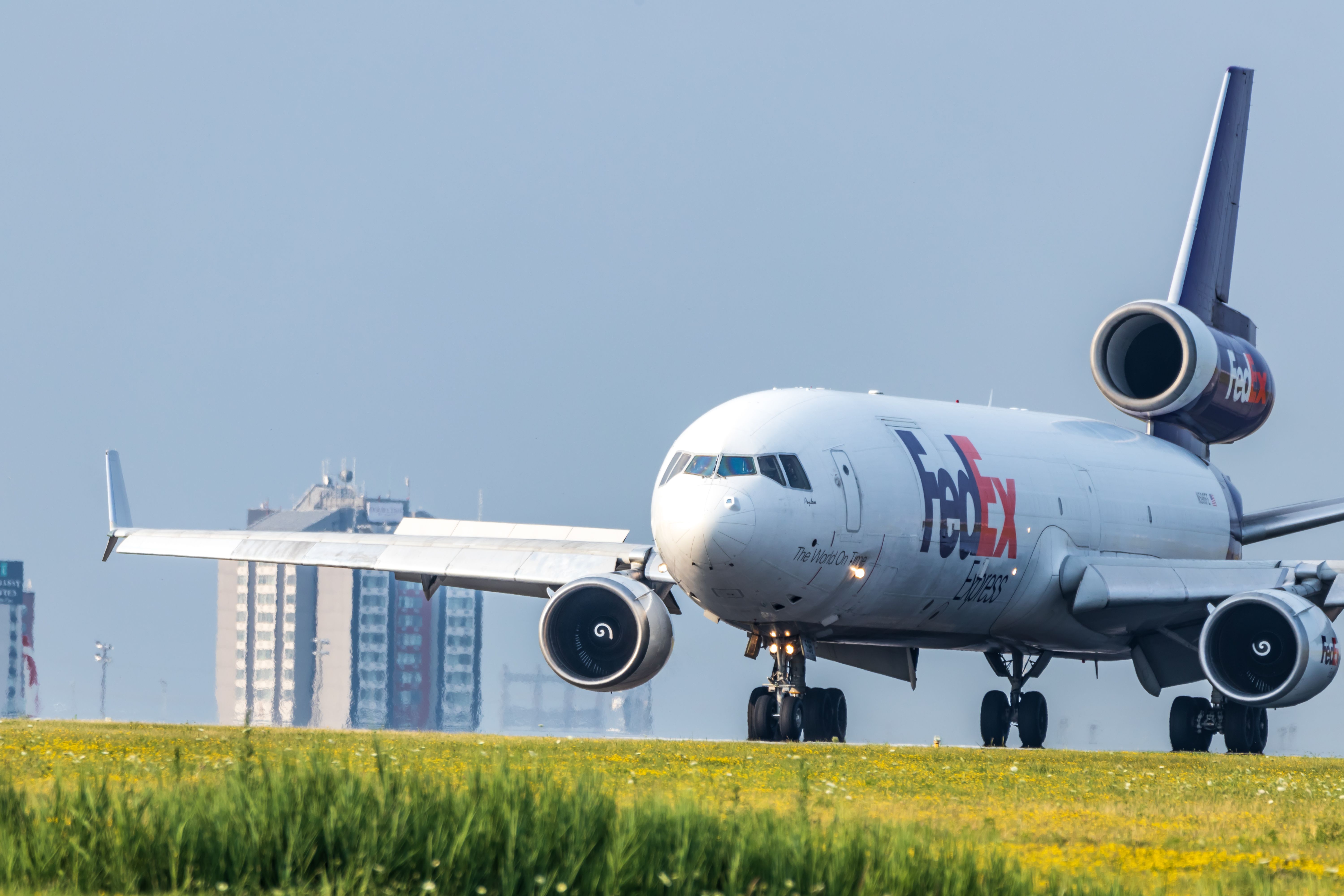 Fedex MD-11 seen braking after landing at Toronto Pearson Intl. Airport.